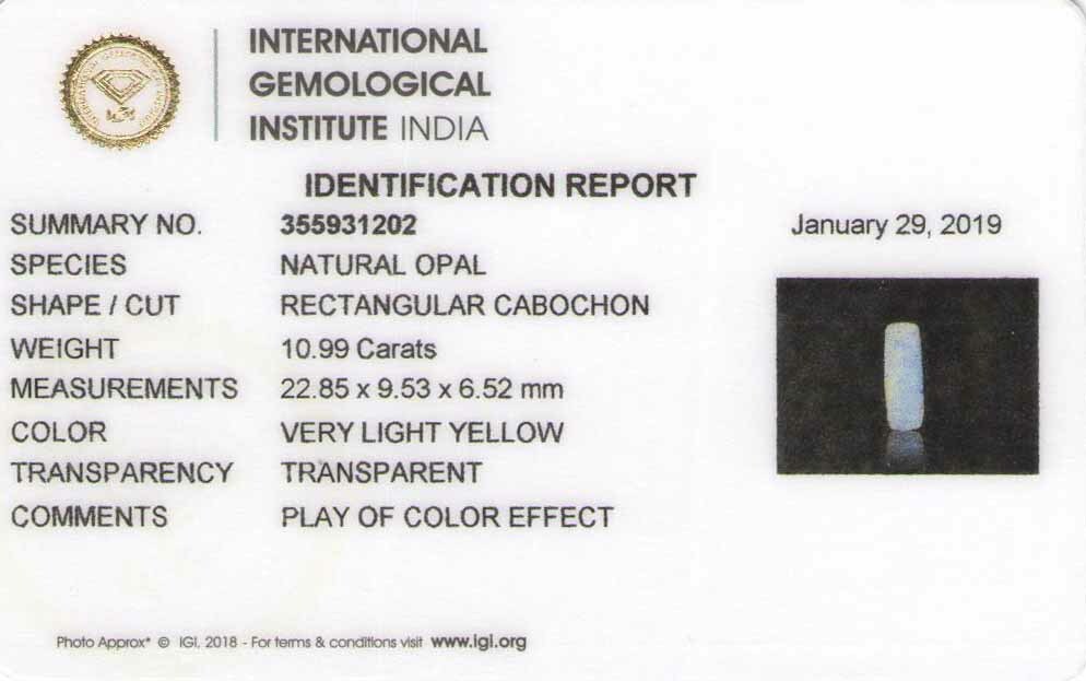 IGI Certified ETHIOPIA Opal 10.99 Cts Natural Untreated Very Light Yellow