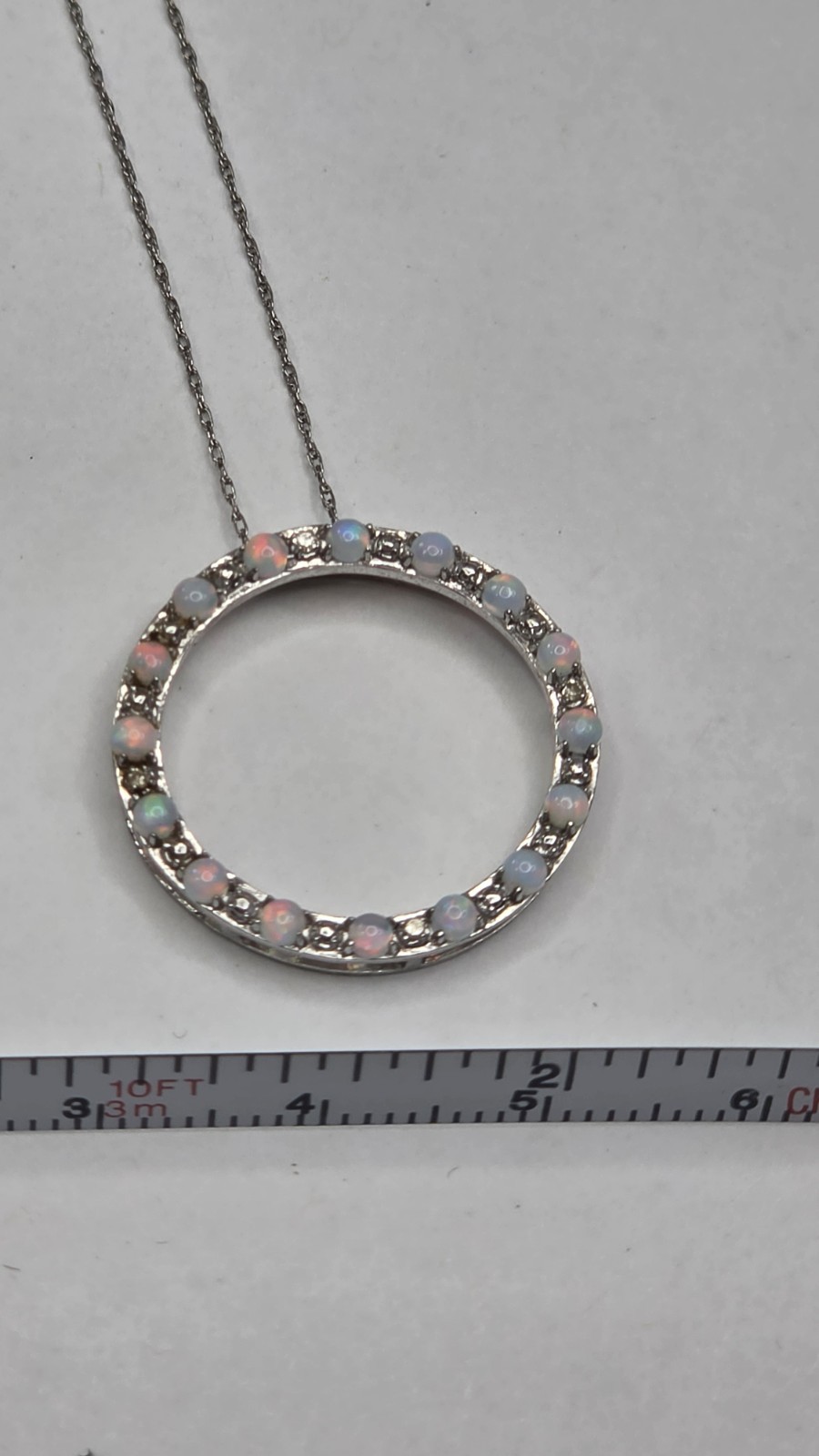 Silver Tone Circle Opal Pendant Necklace, Multicolor Round Bezel Cable Chain
