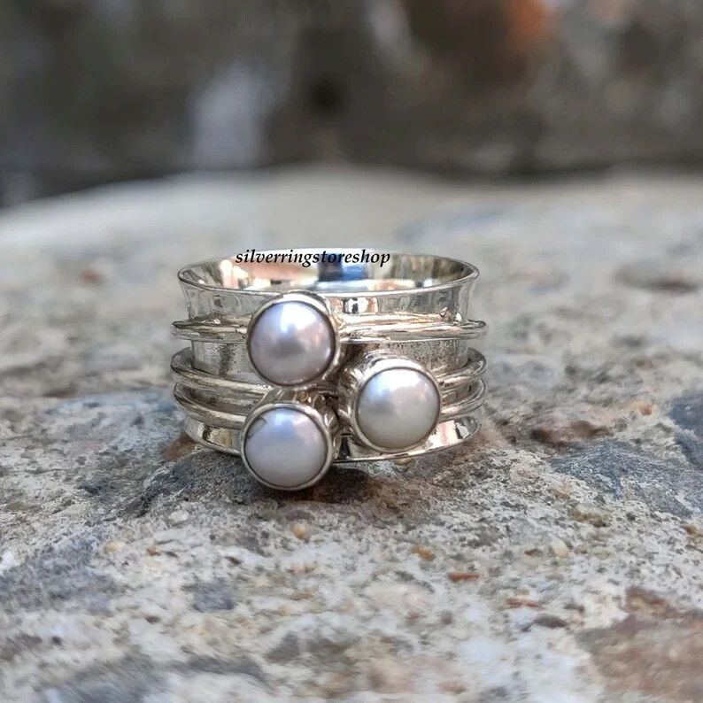 Pearl Spinner Ring, 925 Sterling Silver Ring, Handmade Ring, Women Ring,All Size