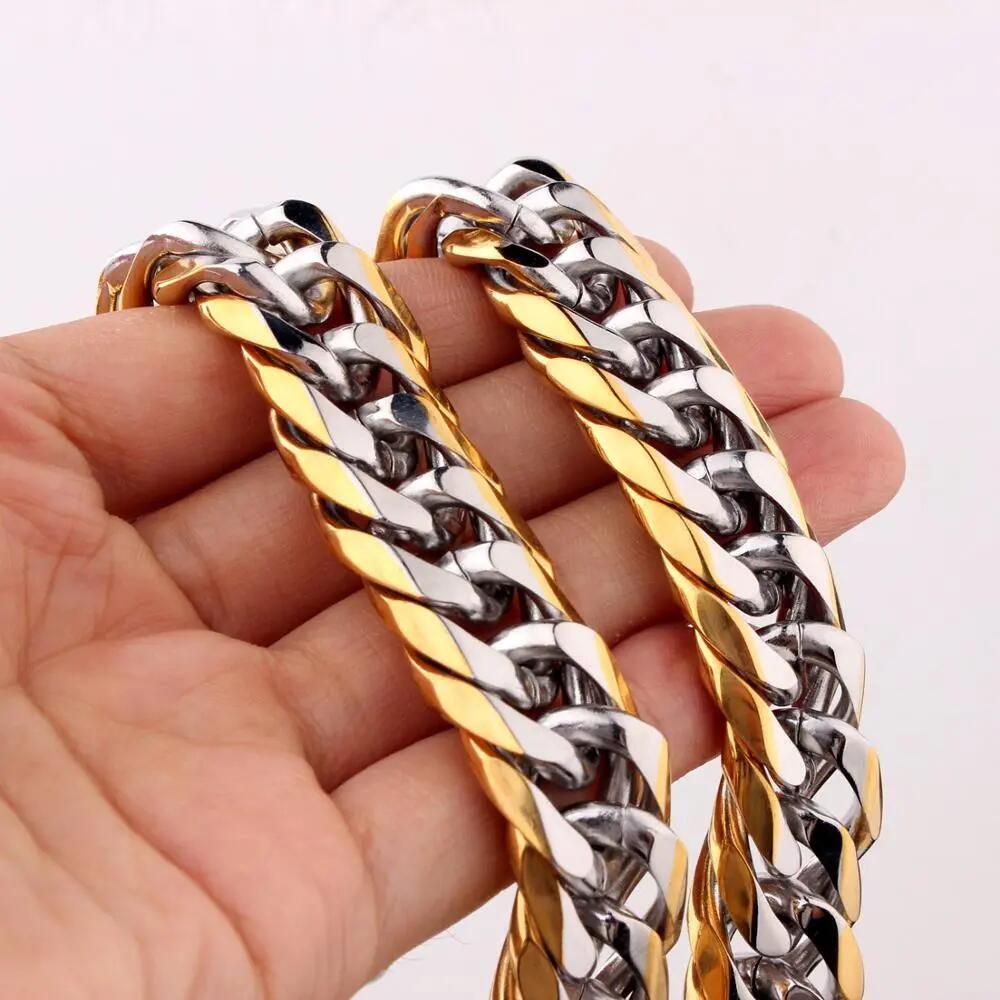 13mm Silver & Gold Tone Stainless Steel Cuban Link Chain Necklace for Men Women