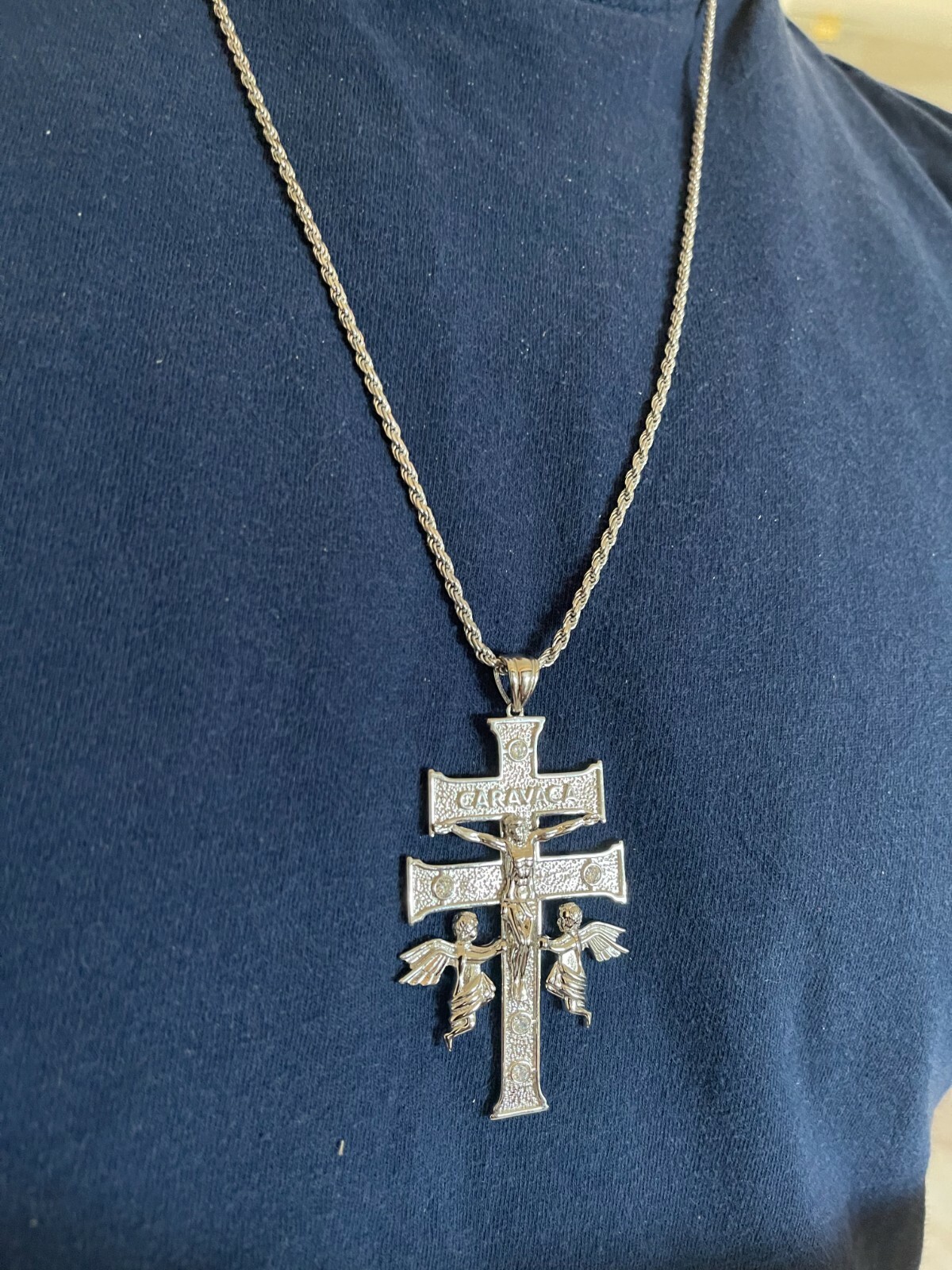 Real Solid Sterling 925 Silver Caravaca Cross Double Crucifix Mens LARGE 2.5″
