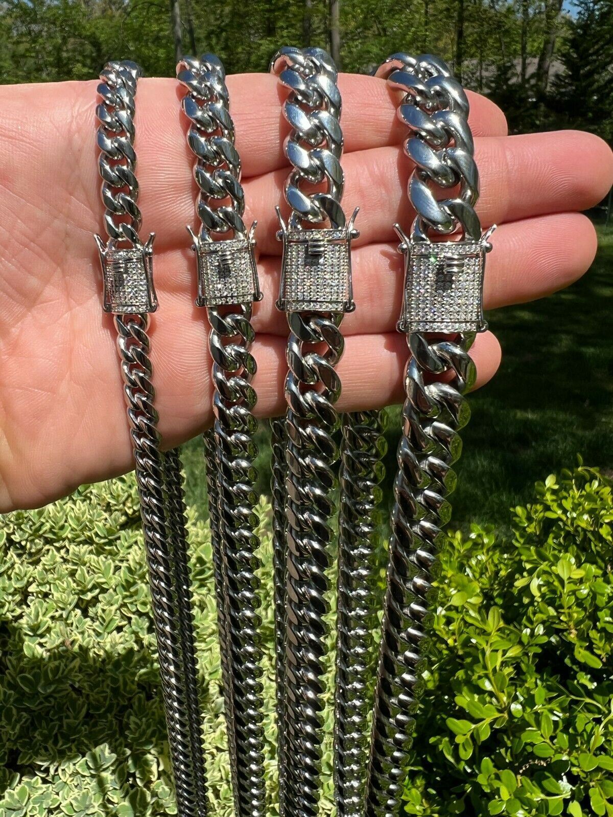 Miami Cuban Link Stainless Steel Chain W. 1ct CZ Iced 925 Silver Clasp 8mm-14mm