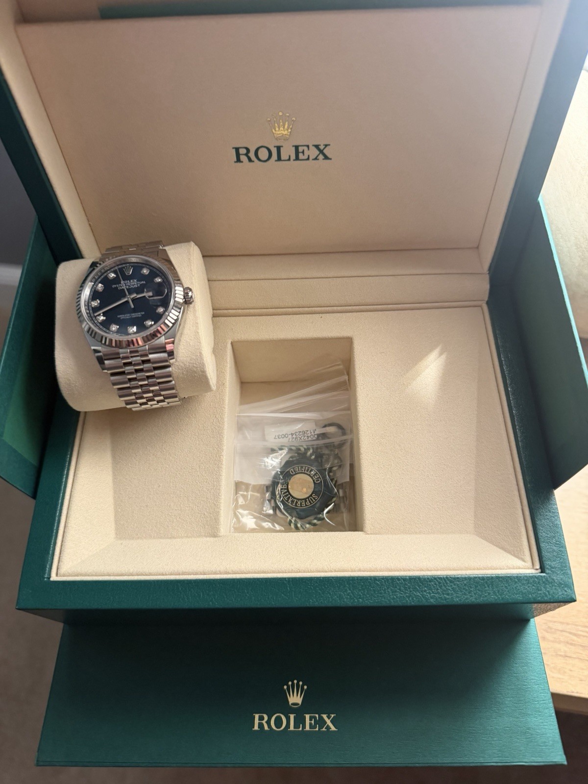 Rolex Datejust 36mm FULL SET BOX PAPERS Blue Diamond Dial Fluted Jubilee 126234