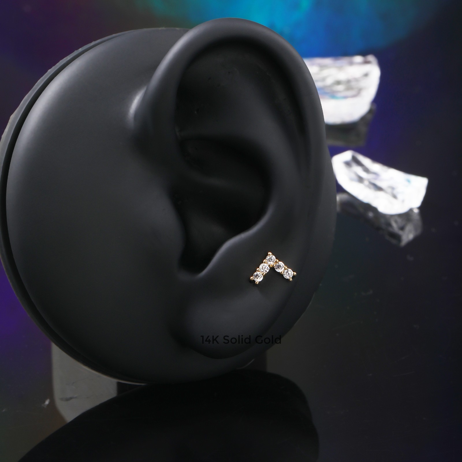 0.1CT Zircon 14K Real Solid Gold V-Shape Stud Earrings Cartilage Lobe Stud