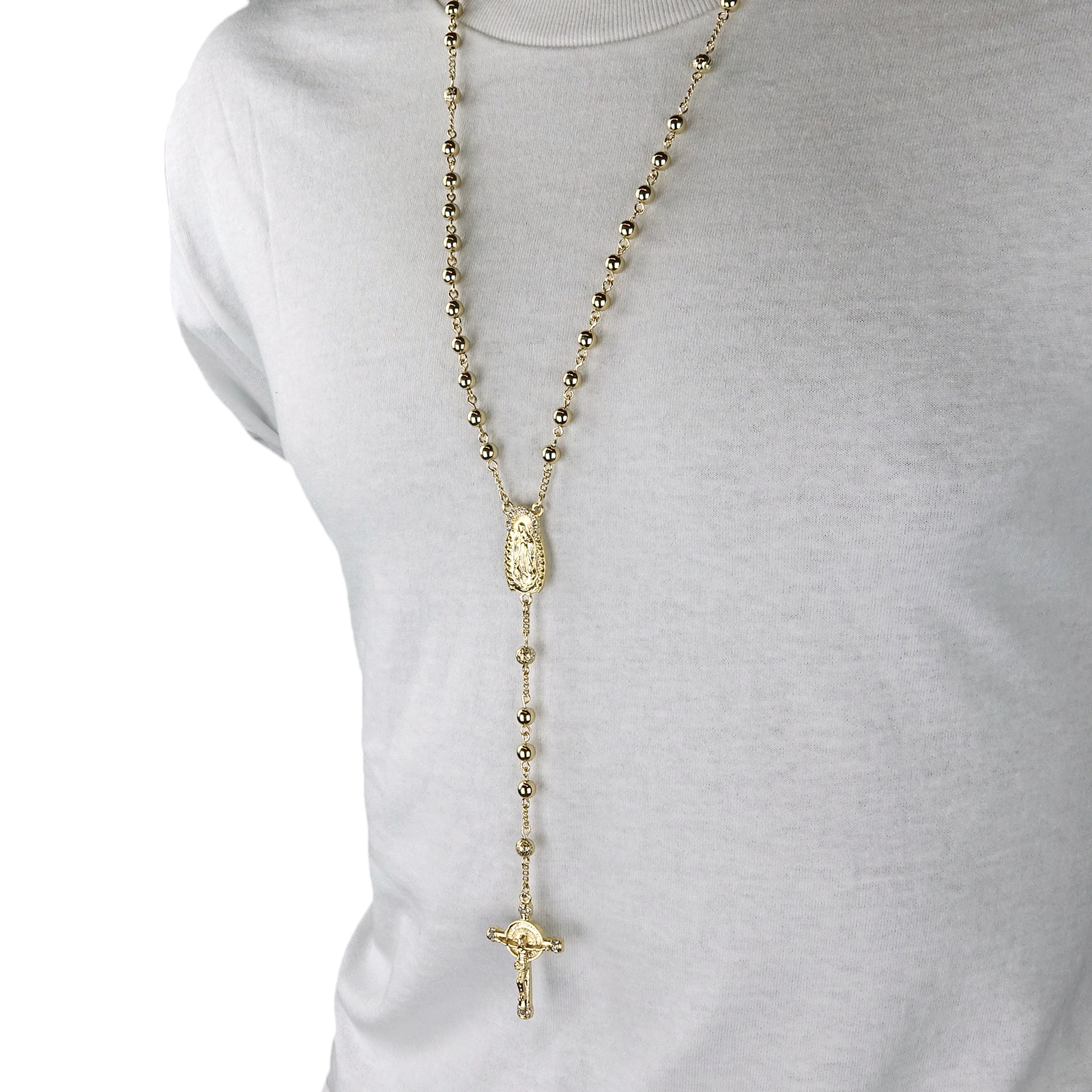 Cubic-Zirconia 5mm GOLD Plated Beads 14k (Guadalupe) Rosary & Jesus Cross Men’s