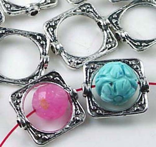 20 Antique Silver Pewter Square Frame Beads 15mm