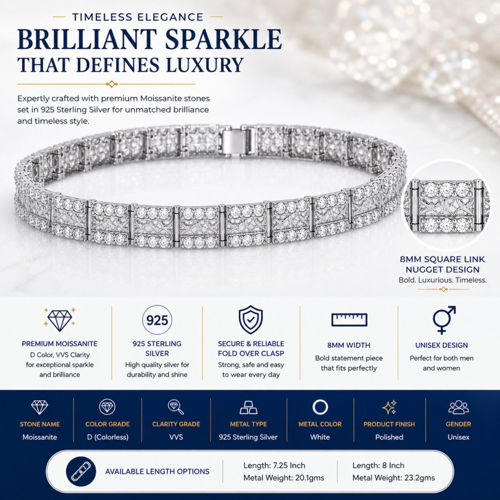Moissanite Bracelet 925 Silver 8mm Nugget Square Link D VVS 7.25 and 8 Inches