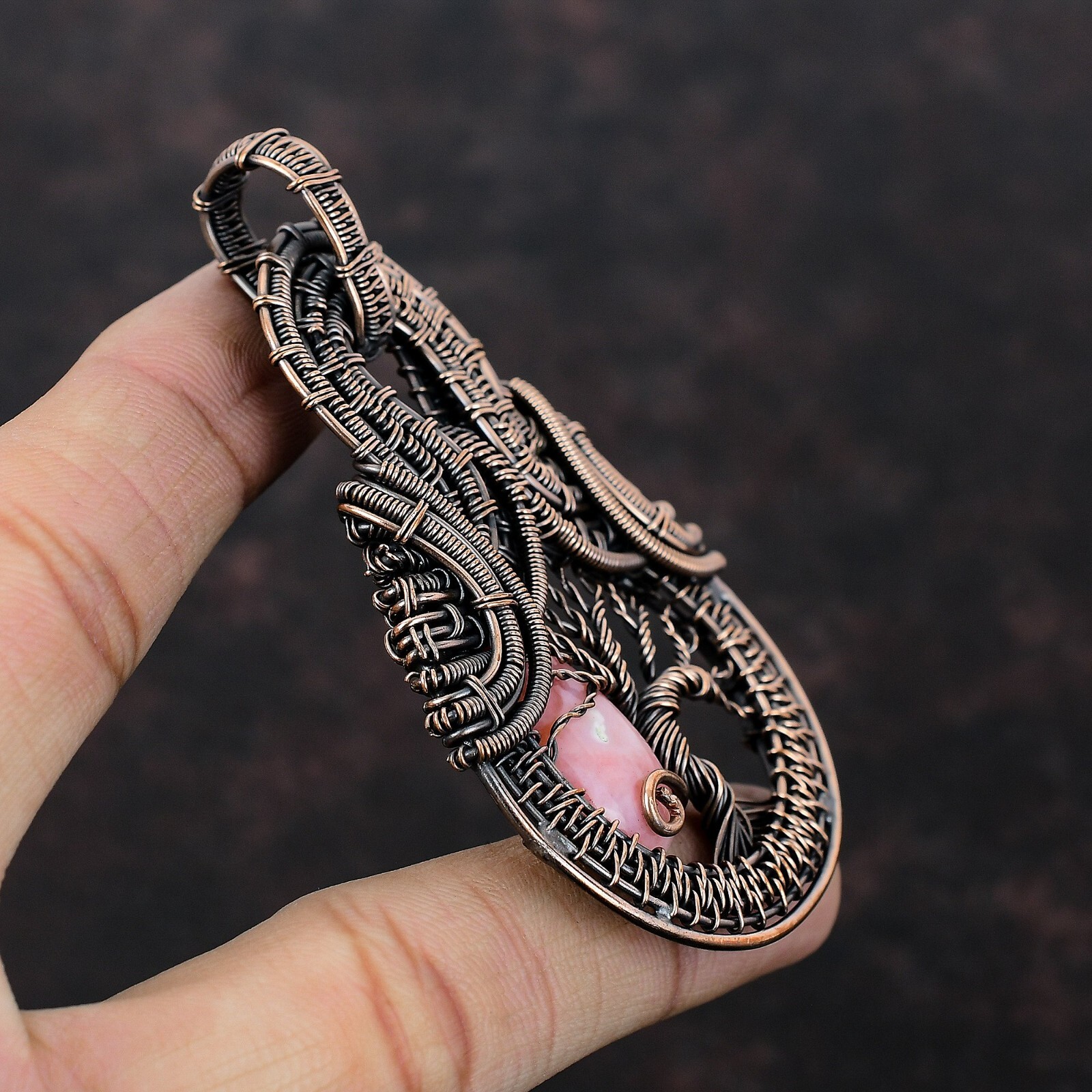 Pink Opal Jewelry Copper Friend Gift Wire Wrapped tree Of Life Pendant 3.15″