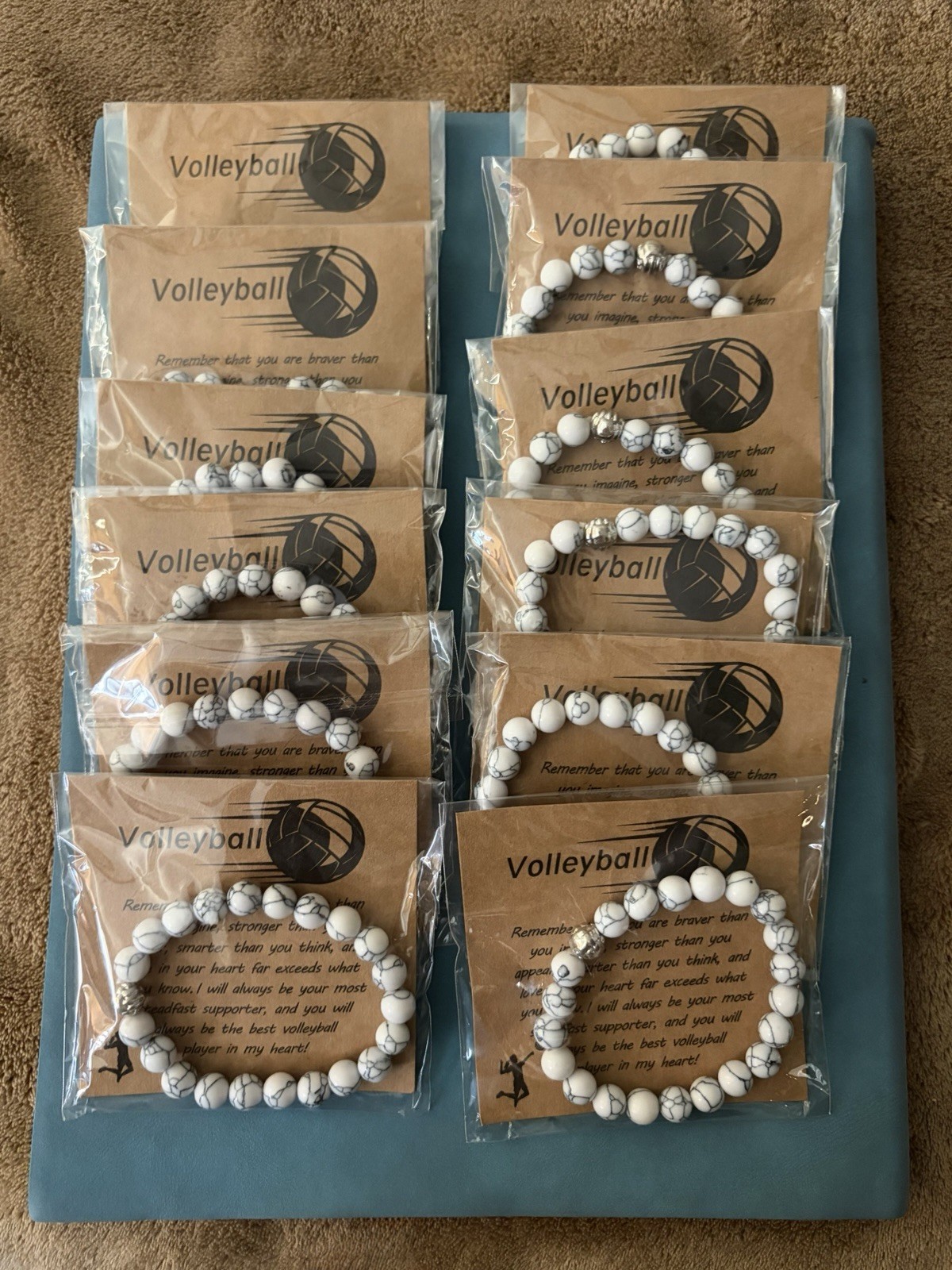 BULK set of 12 volleyball White & Black Stone Round Bead Slip-On Bracelets