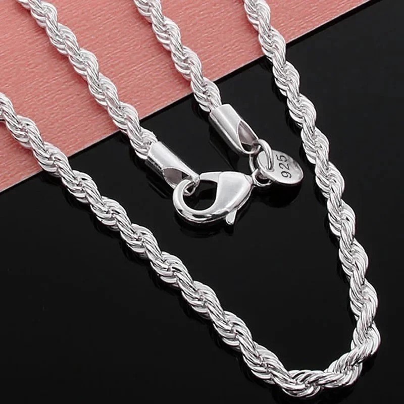 4mm Diamond Cut Solid 925 Sterling Silver Italian Rope Chain Men’s Necklace