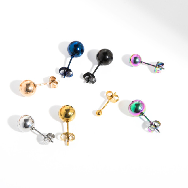 Round Polish Ball Rose gold Silver Black Stainless Steel Stud Earrings S15