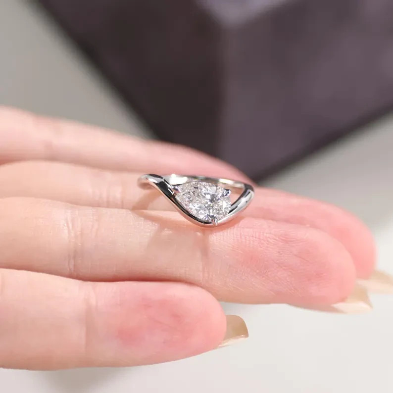 14K White Gold Pear Cut Lab Grown Diamond Solitaire Style Engagement Gift Ring