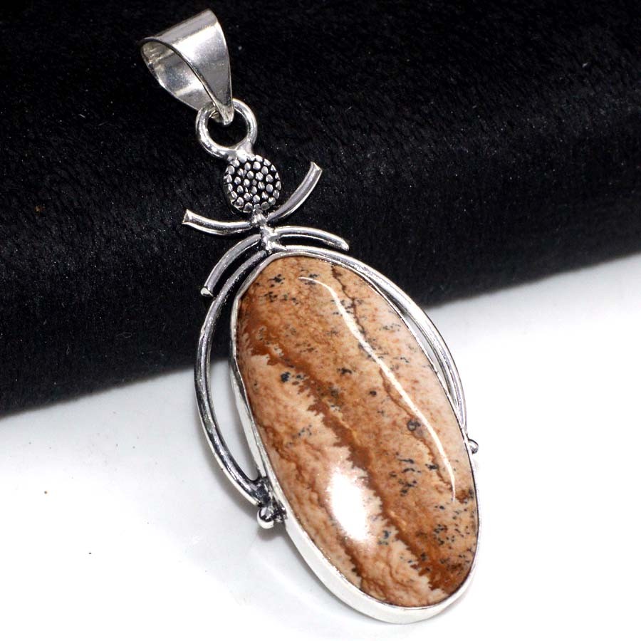 925 Silver Plated Classy Picture Jasper Pendant Jewelry Size 2″ MJ