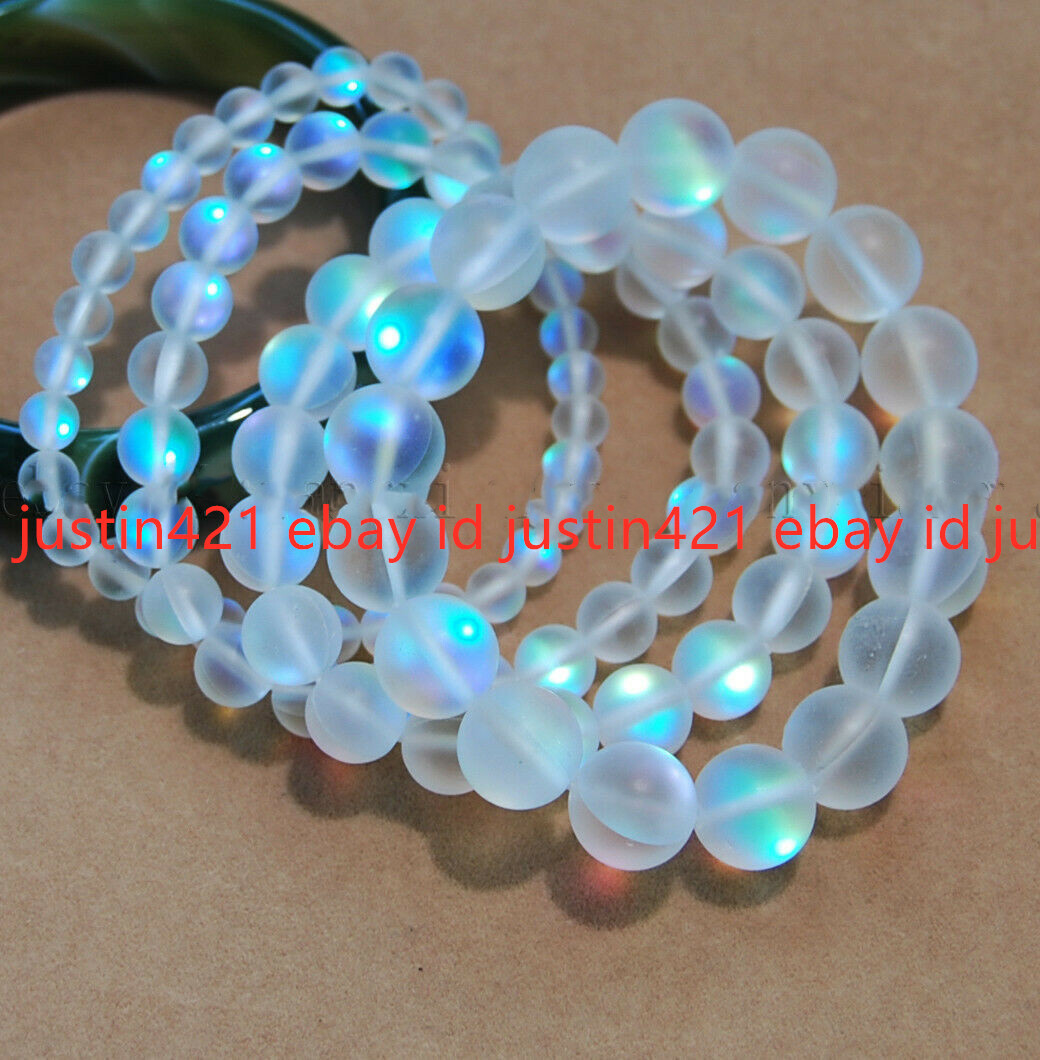 Natural 6/8/10/12mm White Gleamy Rainbow Moonstone Gemstone Bracelet 7.5” AAA+
