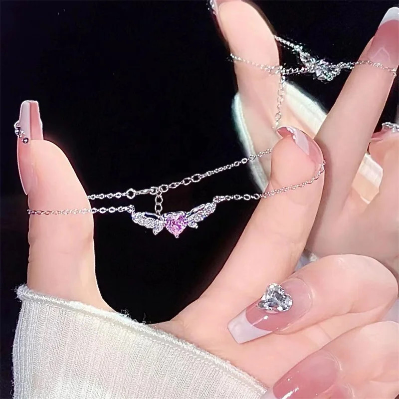 Crystal Angel Wings Pink Heart Pendant Necklace Women Clavicle Chain Choker