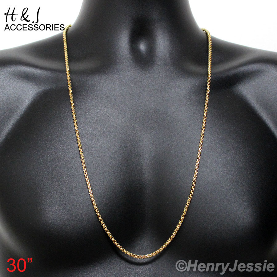 16-36″MEN Stainless Steel 2.5mm Gold Plated Smooth Classic Box Chain Necklace