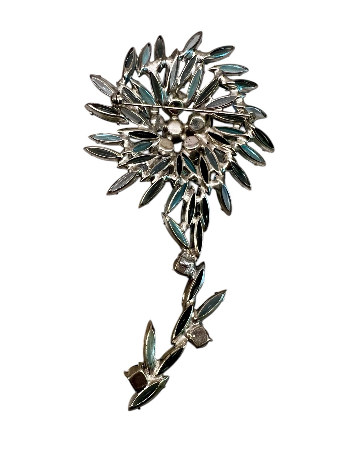 Vintage SCHREINER Unsigned Flower Blue Navettes Rhinestone Brooch & Earrings