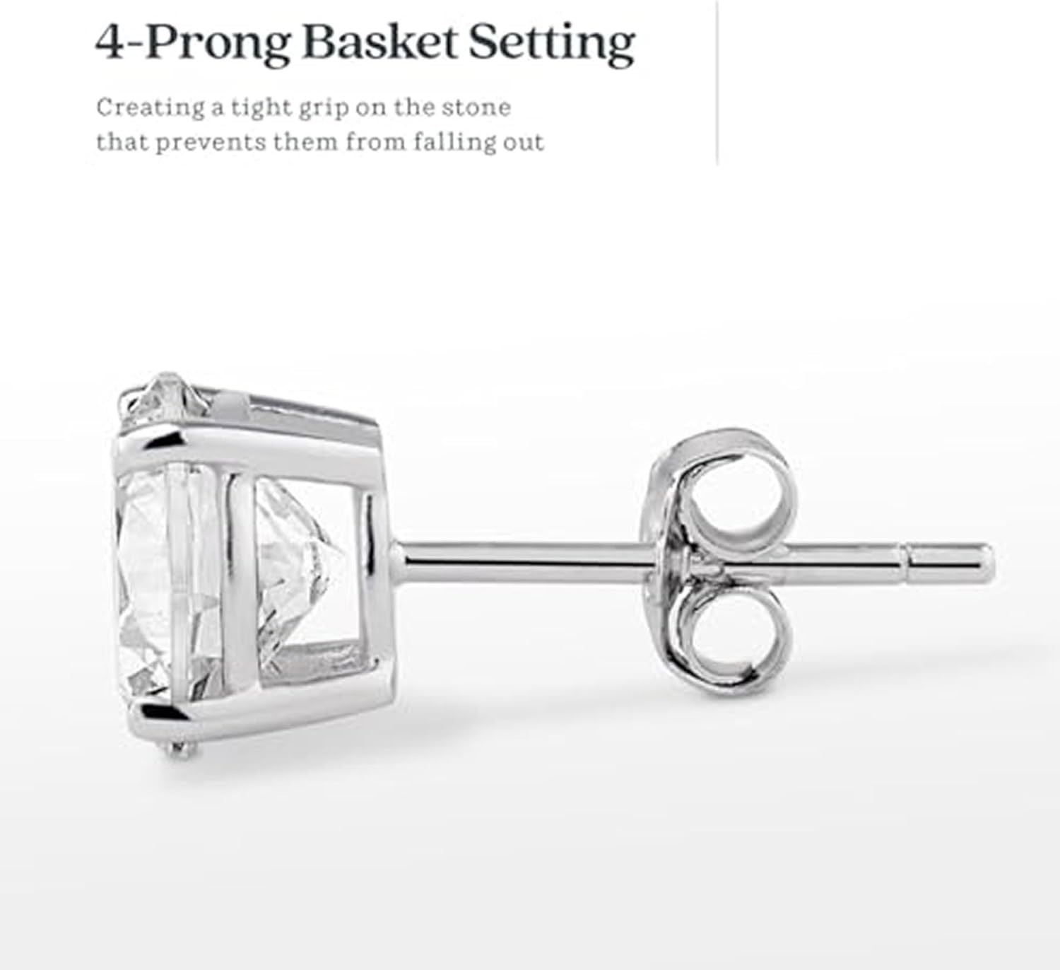 Sterling Silver Cubic Zirconia Stud Earrings for Men and Women, 4-Prong Setting