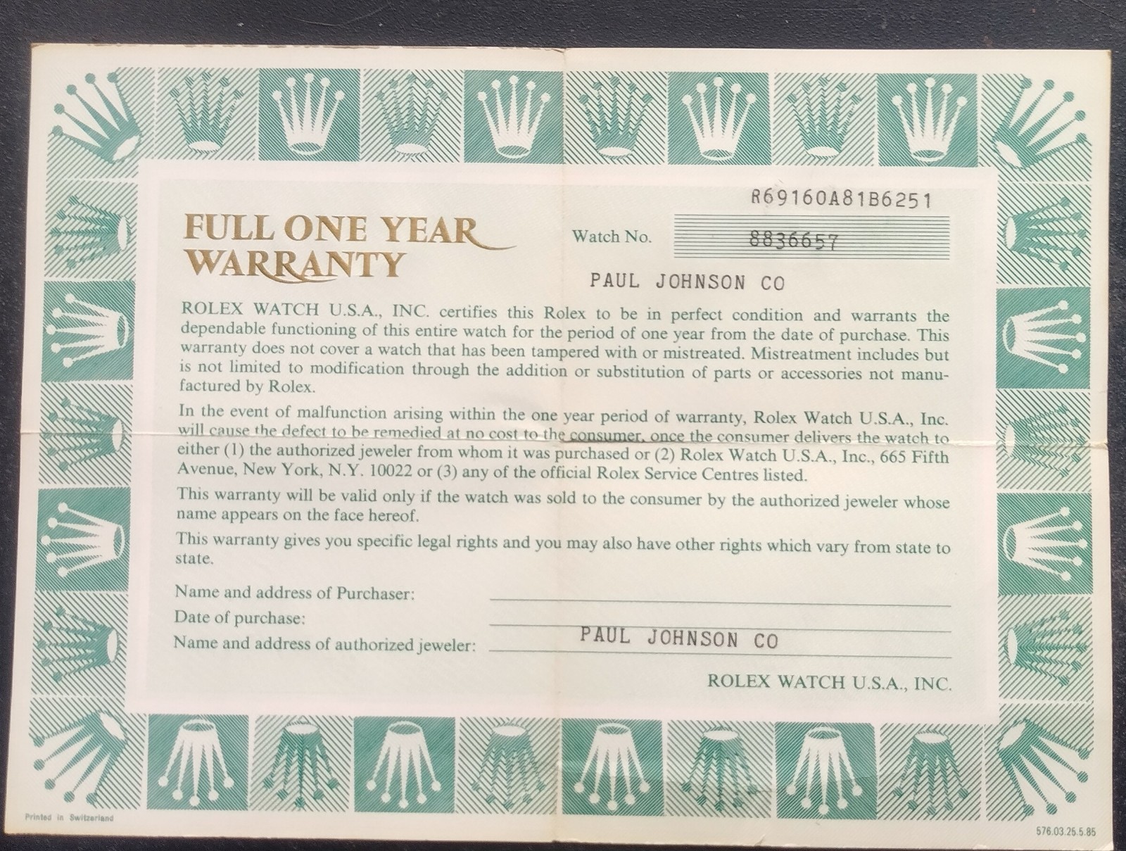 Rolex Full One Year Warranty Manual Certificate & Service 6916 “R”