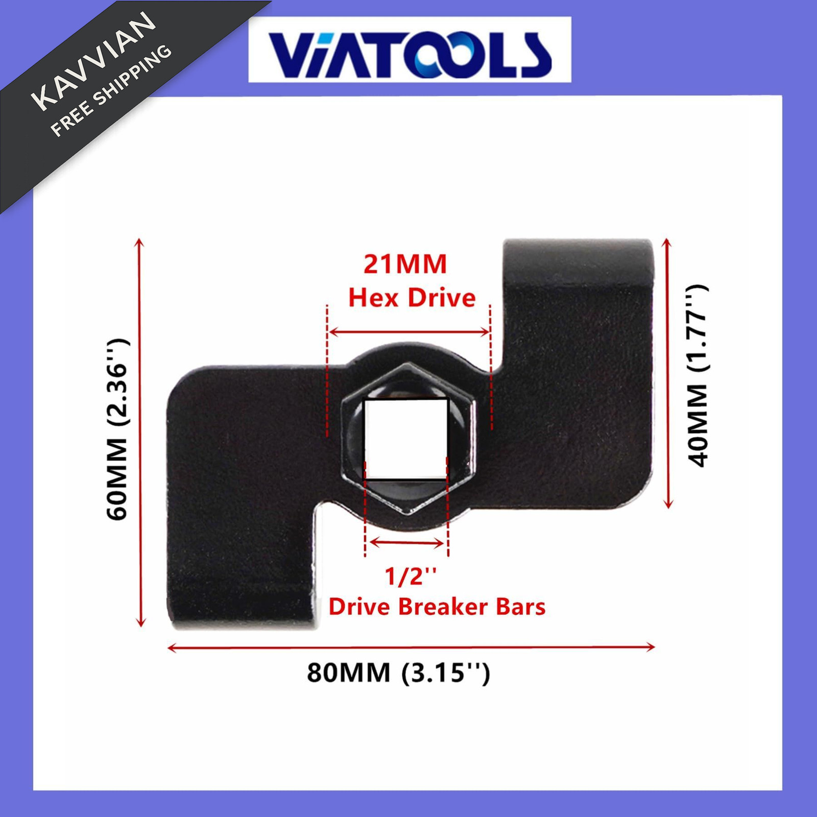 VIATOOLS Universal Wrench Extender Adaptor with 1/2 Inch or 21mm Hex Black