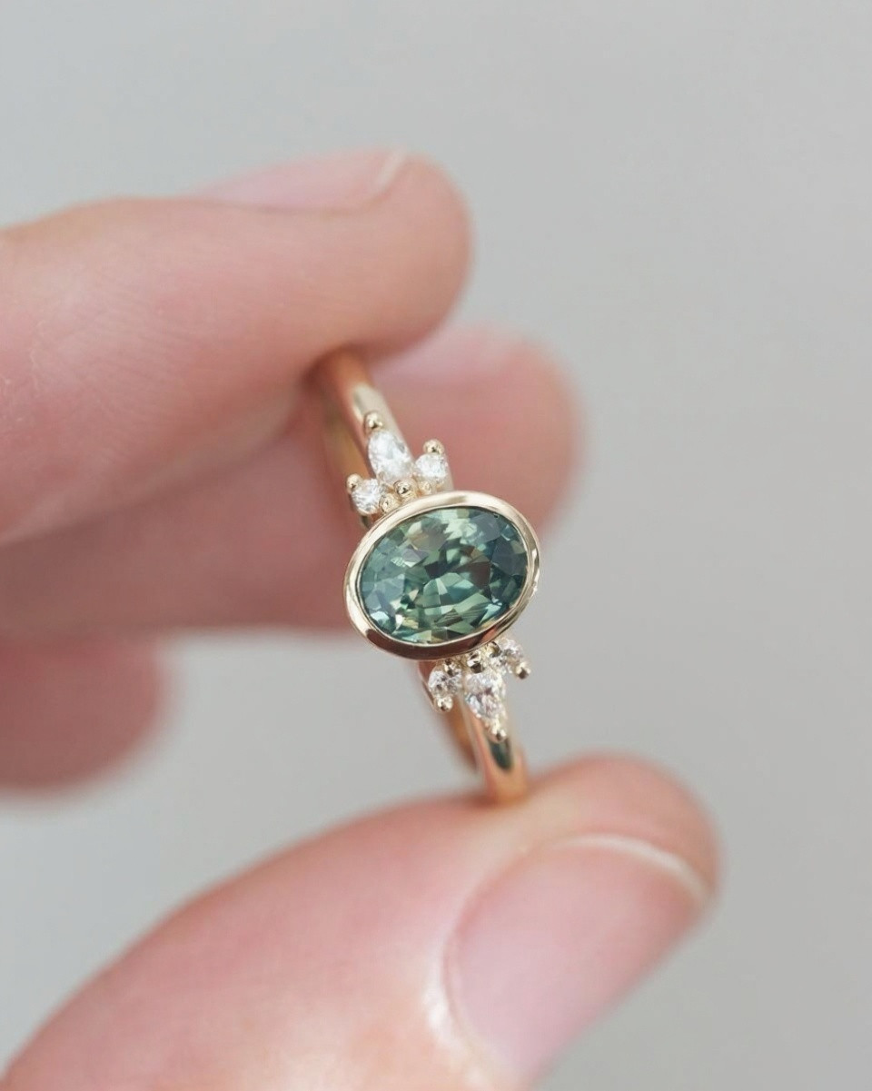 Green teal montana sapphire ring vintage teal sapphire ring Oval cut teal ring