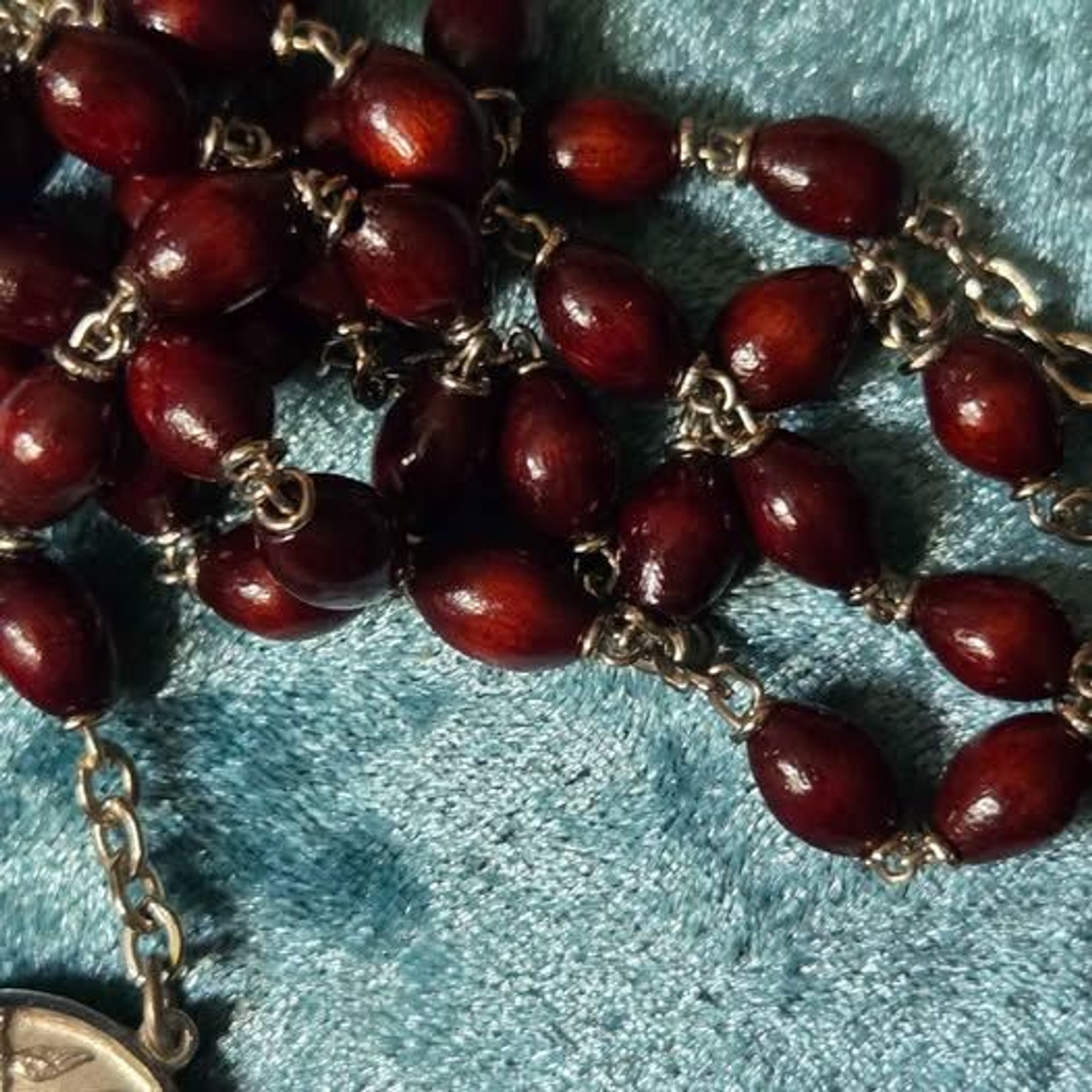 Rosary Wood Beads Silver Colored Cross