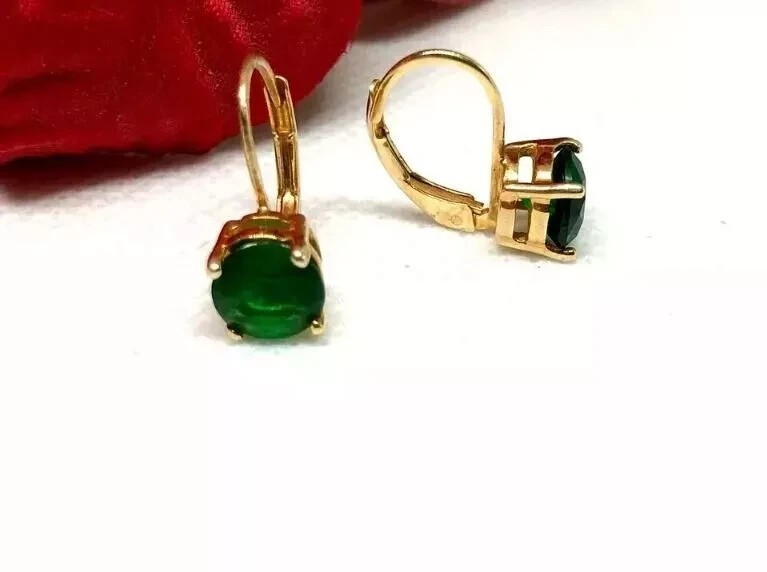 14K Yellow Gold Plated In2Ct Round Cut Simulated Emerald Drop Clip On Earring