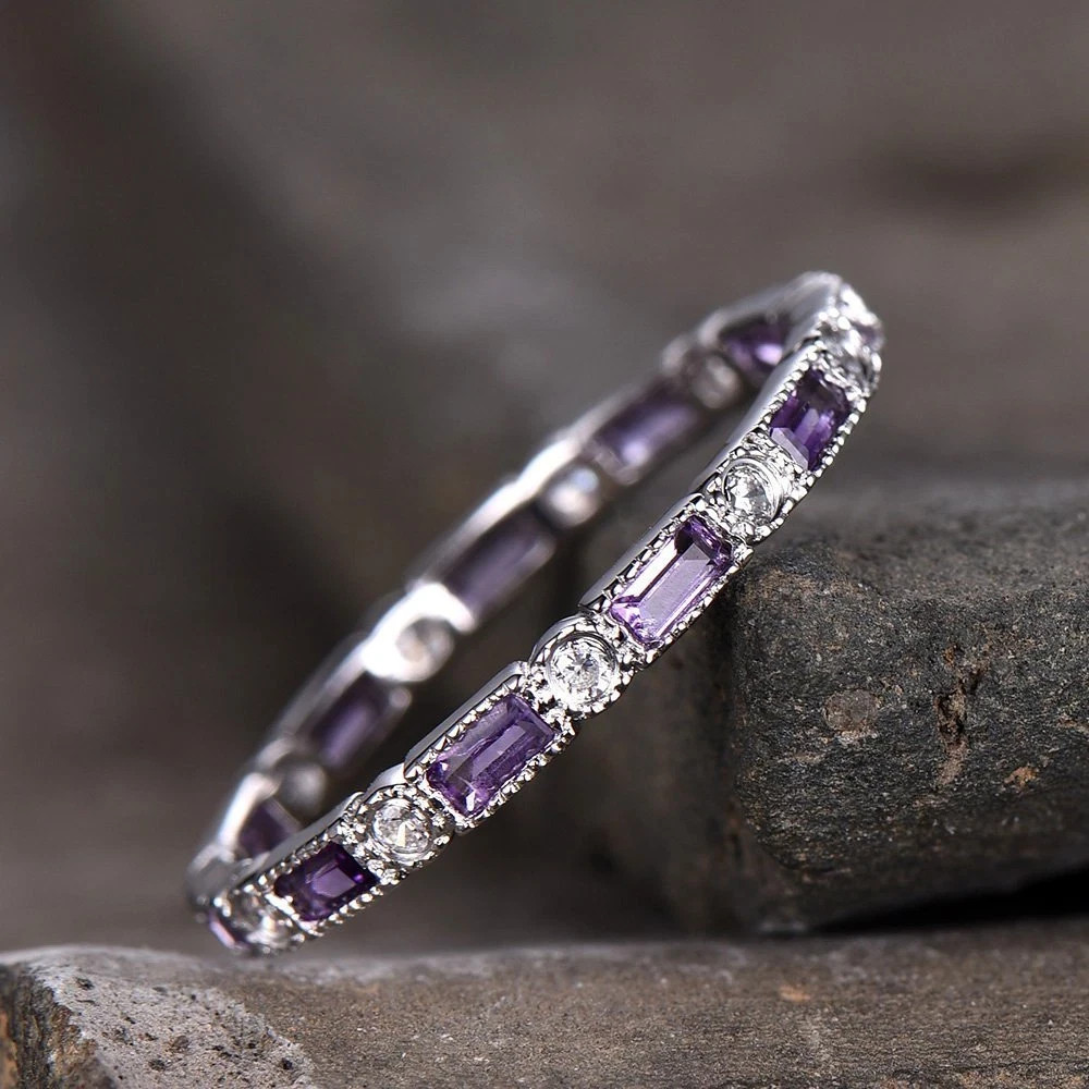 1ct Lab-Created Purple Amethyst Eternity Wedding Band Ring 14k White Gold Plated