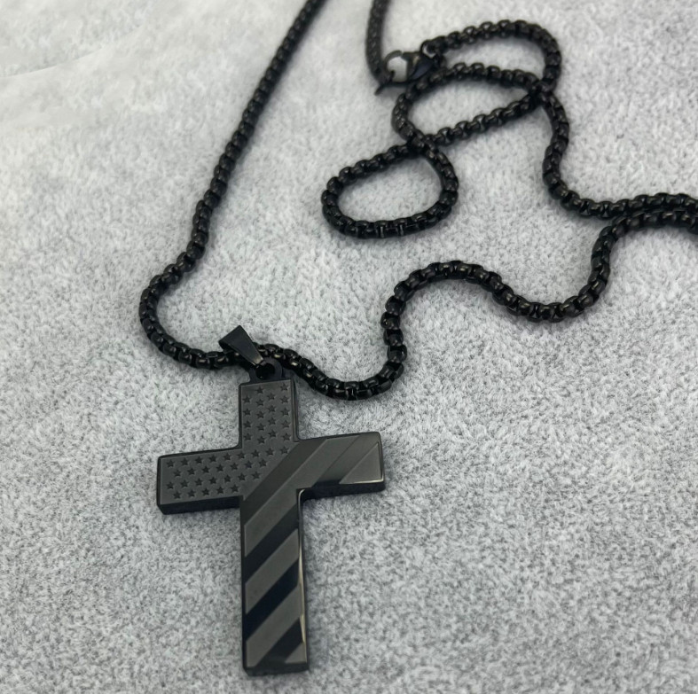 316L Stainless Steel Silver Black Patriotic American Flag Cross Pendant Necklace