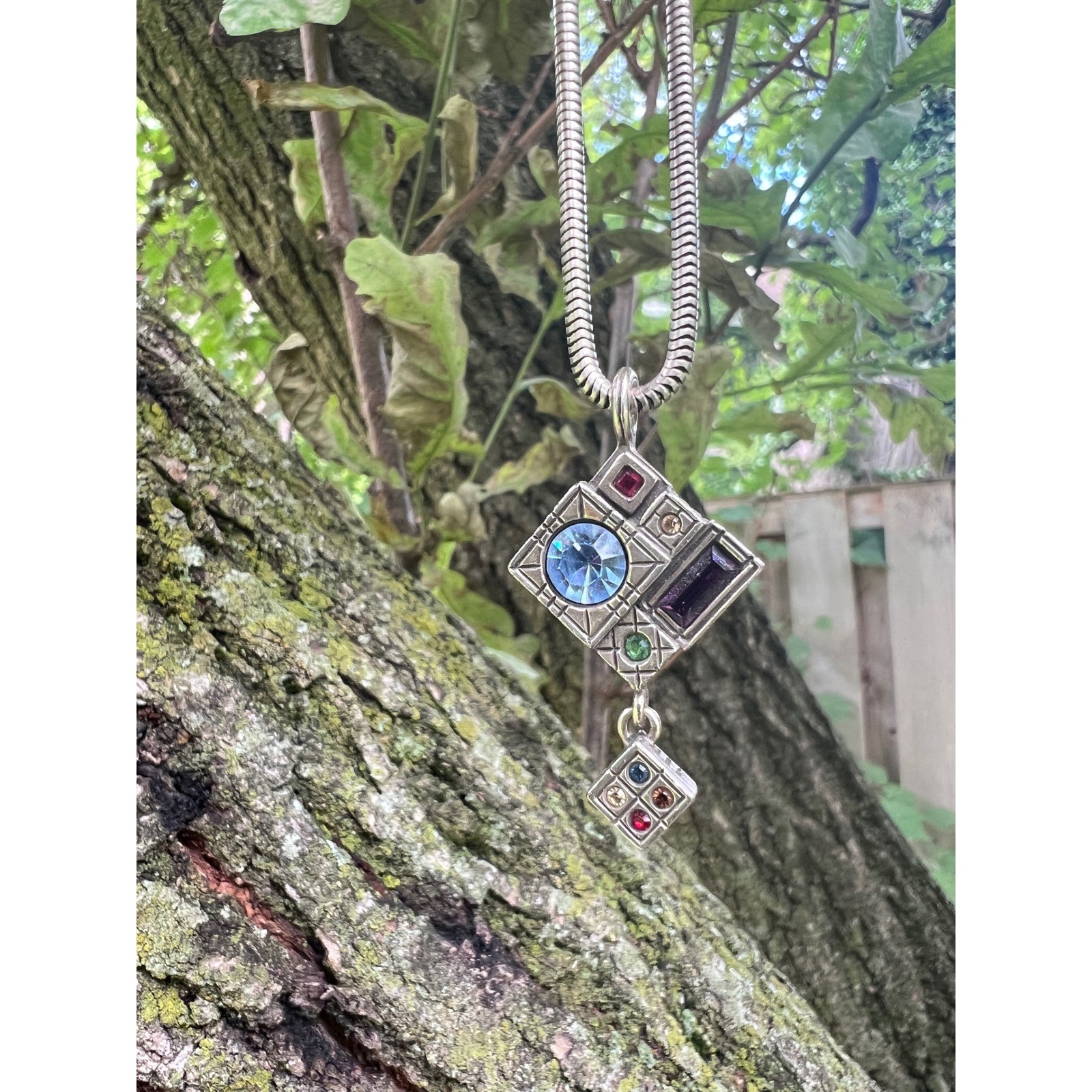 VTG PATRICIA LOCKE Modernist Geometric Mosaic Silver Crystal Dbl Square Necklace