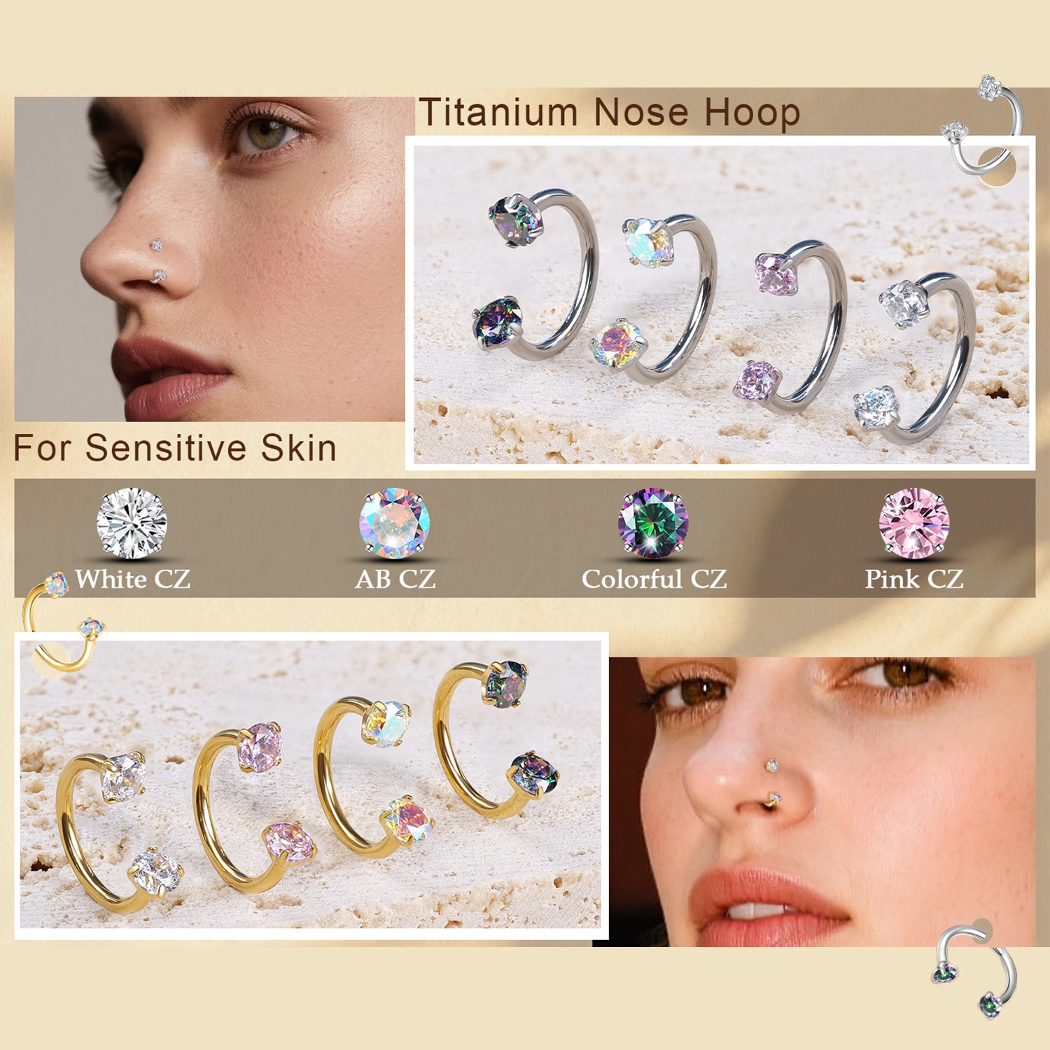20g Nose Rings Hoop C Shape Nose Studs Stainless Steel Nose Screw Bone Flat Top