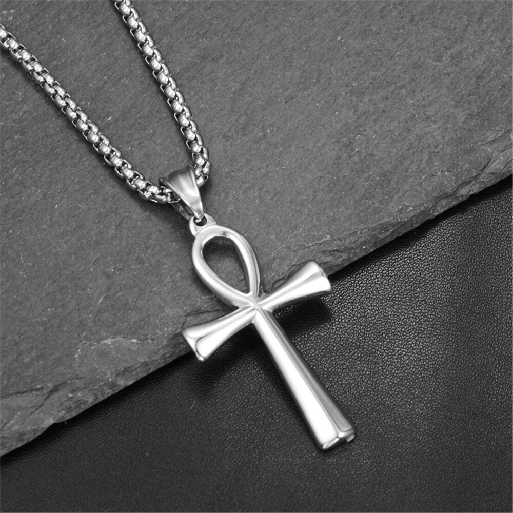 Men Women Cross Necklace Silver Stainless Steel Egyptian Ankh Pendant Chain Gift