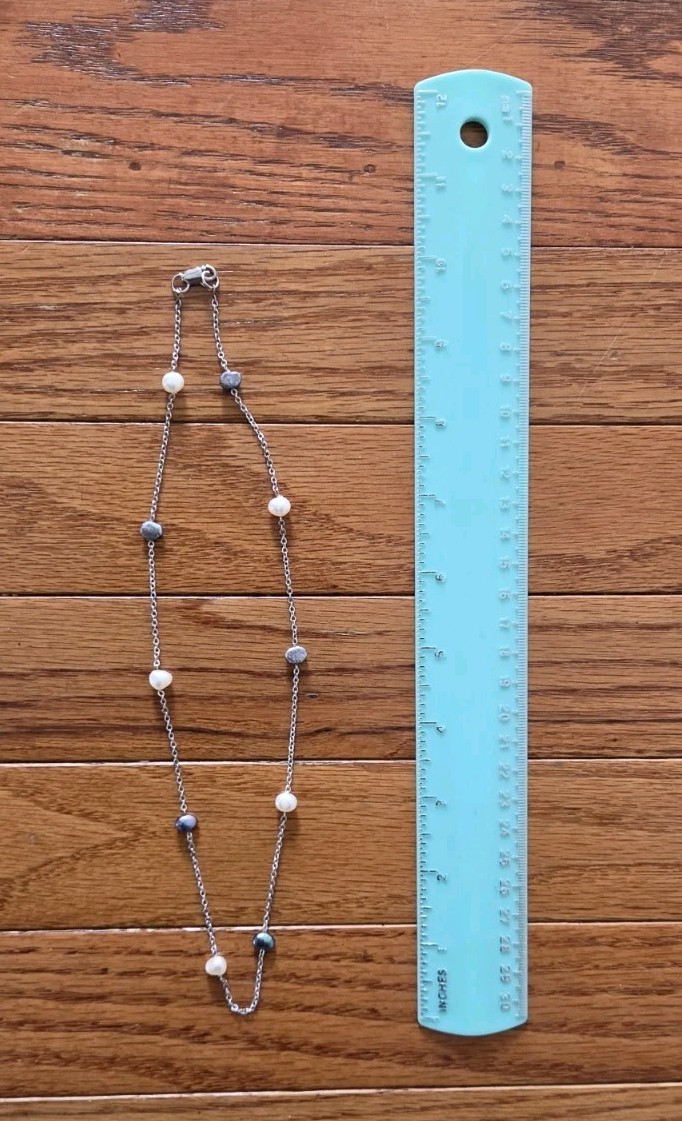 Silver Tone Cable Chain Beaded Necklace White Gray Beads 10in Lobster