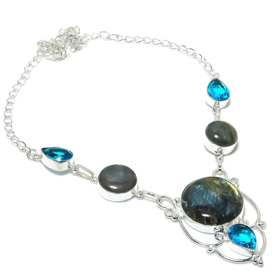 Natural Labradorite Gemstone 925 Sterling silver Jewelry Necklace Size 18″