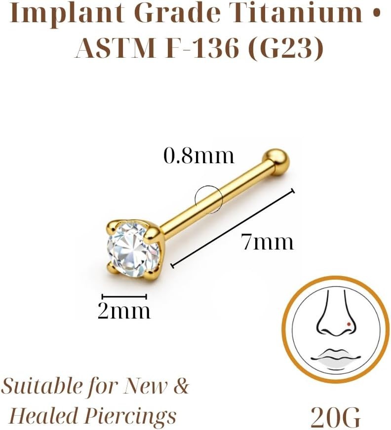 Implant Grade Titanium Nose Bone Stud 20G 0.8mm with CZ – ASTM F-136 G23, 1.5…