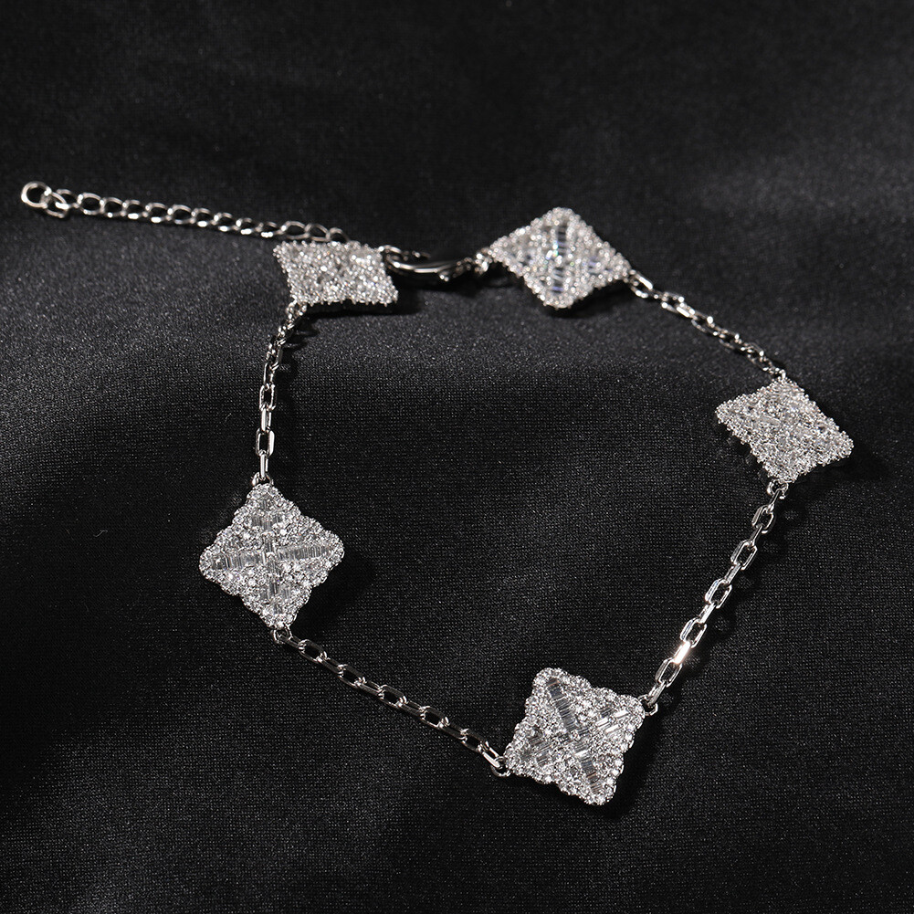 Full Zircon Four-leaf Clover Charm Bracelets White Gold Plated Jewelry Gifts