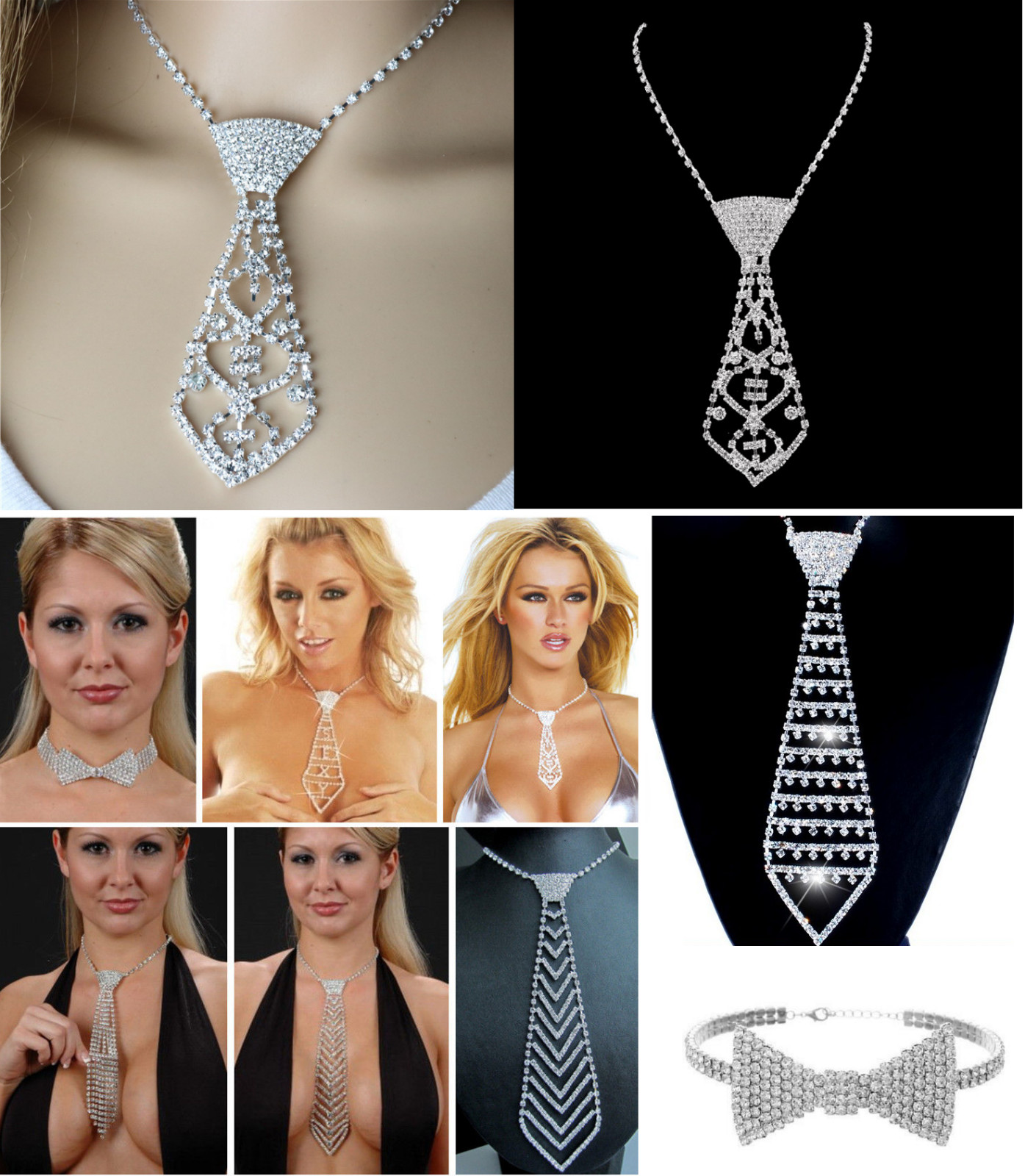 Women Sexy Rhinestone Crystal Bling Necktie Bow Tie Choker Necklace Adjustable