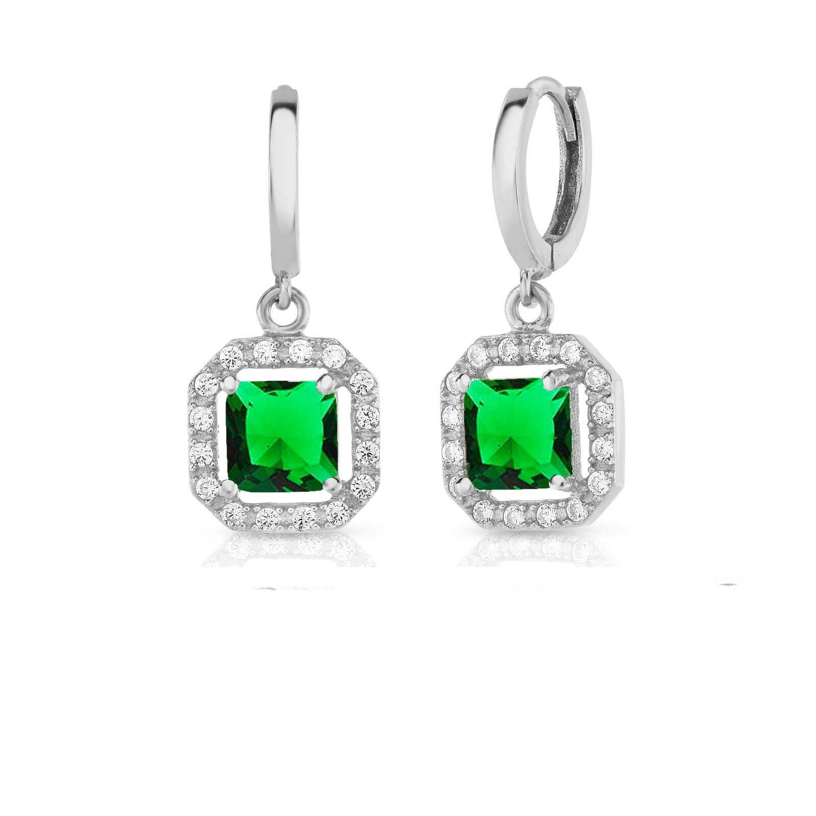 925 Sterling Silver Lab Created Emerald Princess Cut Halo Leverback Earrings