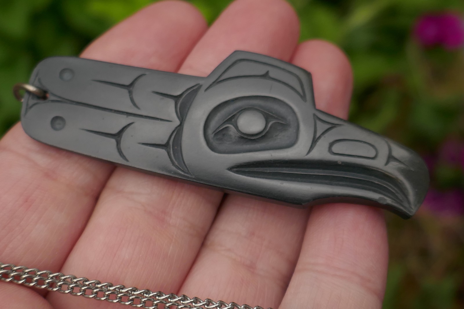 Vintage Haida Native Pat Dixon Hand Carved Argillite Raven Pendant on Chain