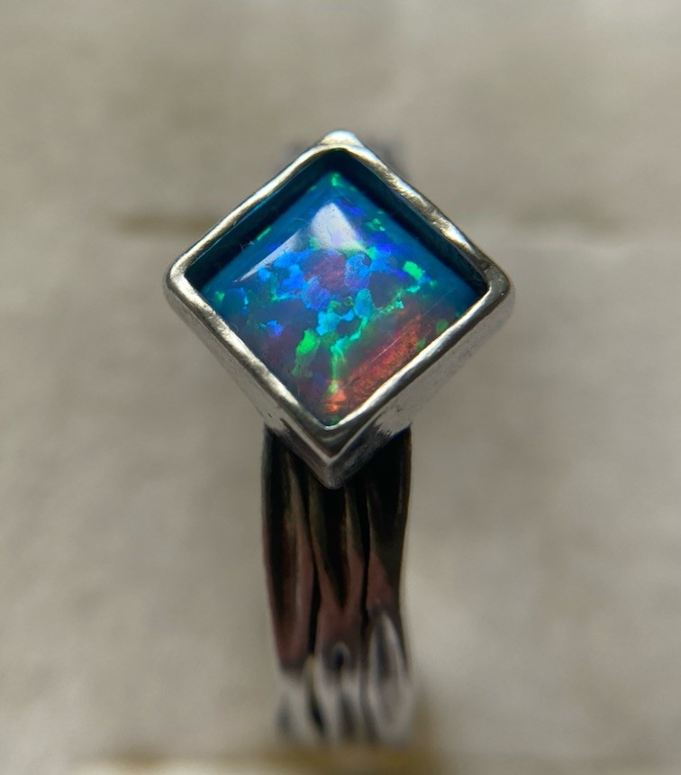 Sterling Silver, Square Bezel Set Lab Opal, Ring By PZ Creations