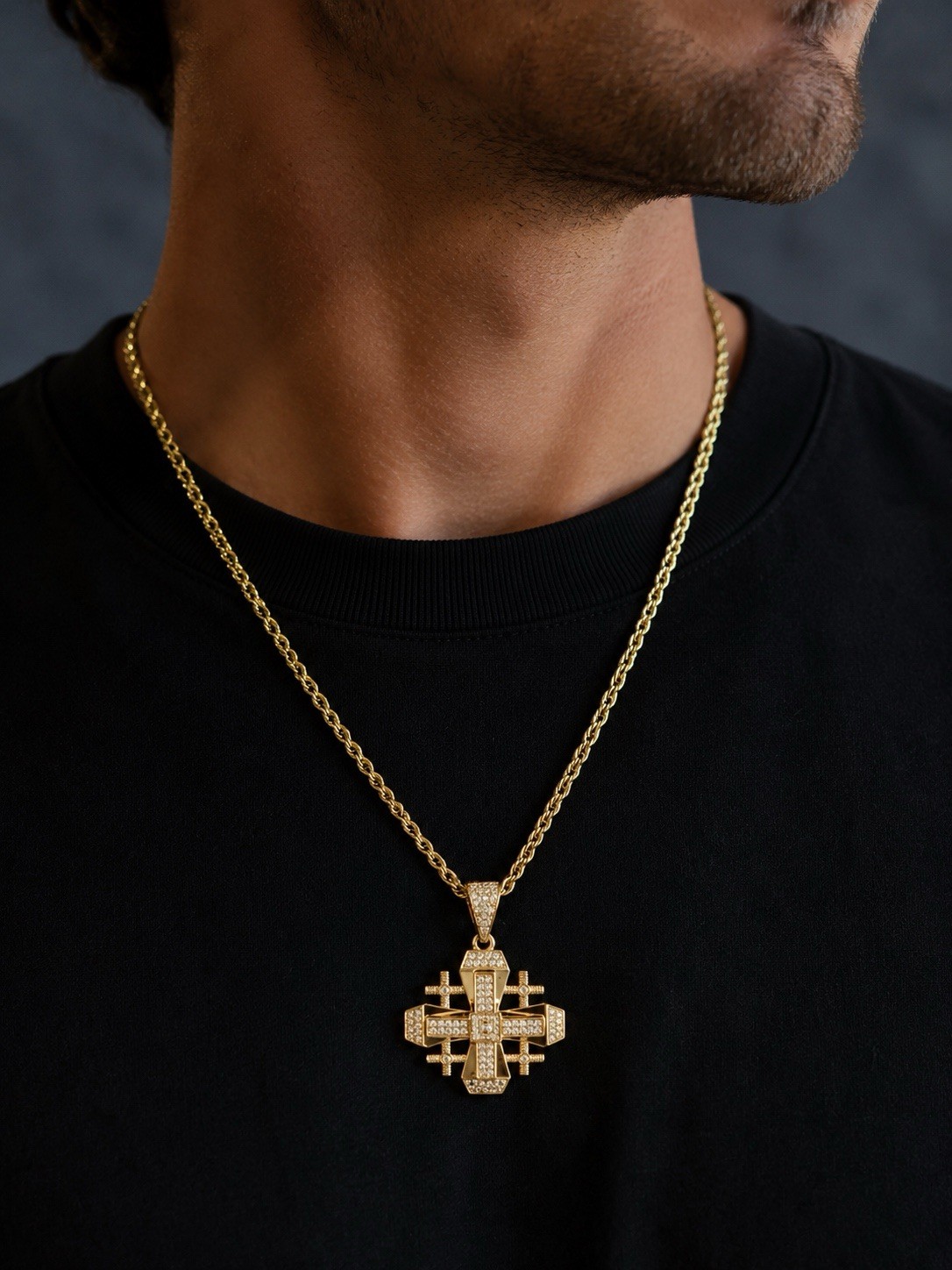 Yellow Gold Plated Curb Chain Cross Charm Necklace Clear Rhinestone Pavé