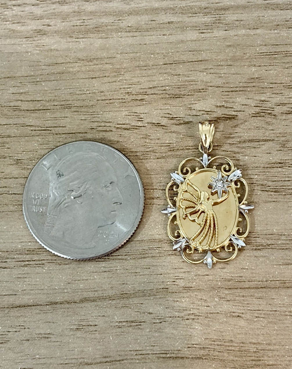 10K Yellow Gold Michael Anthony Diamond Guardian Angel Filigree Pendant