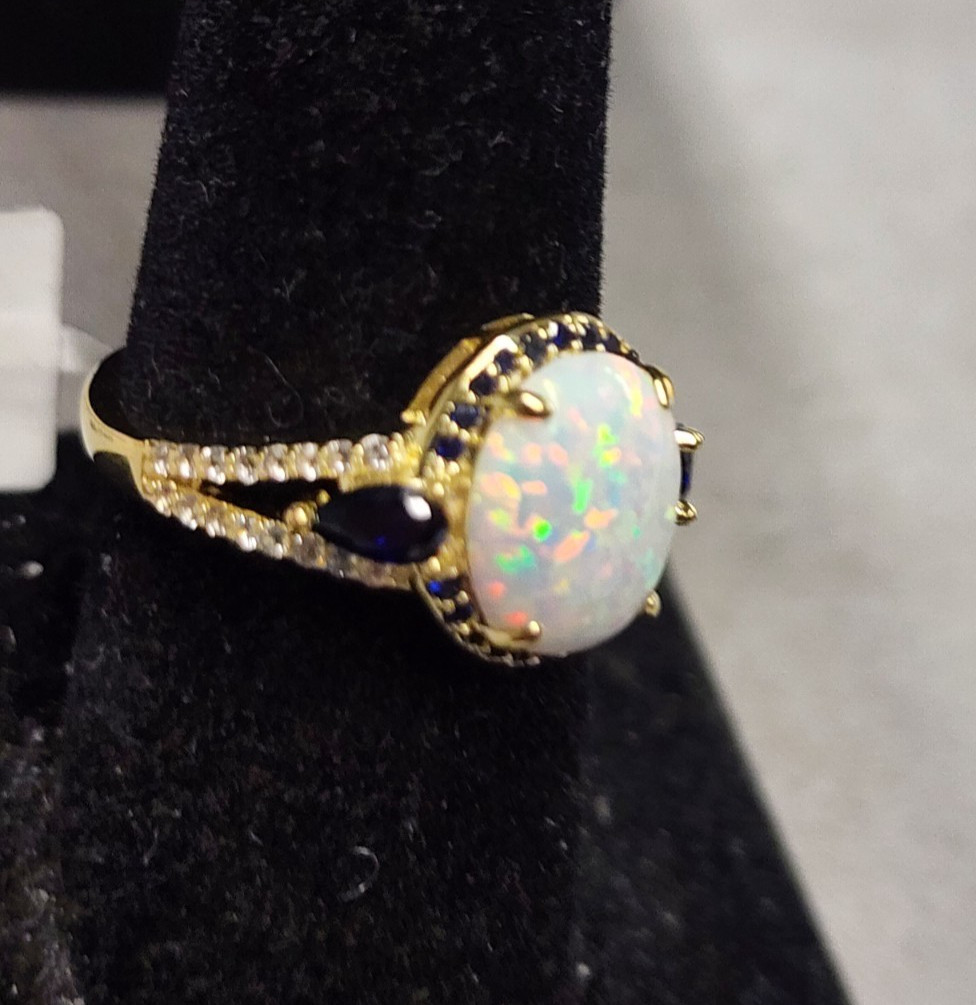 Fuzion Creations Gold Tone Lab Grown Opal, Lab Grown Sapphire Cocktail Ring sz 8