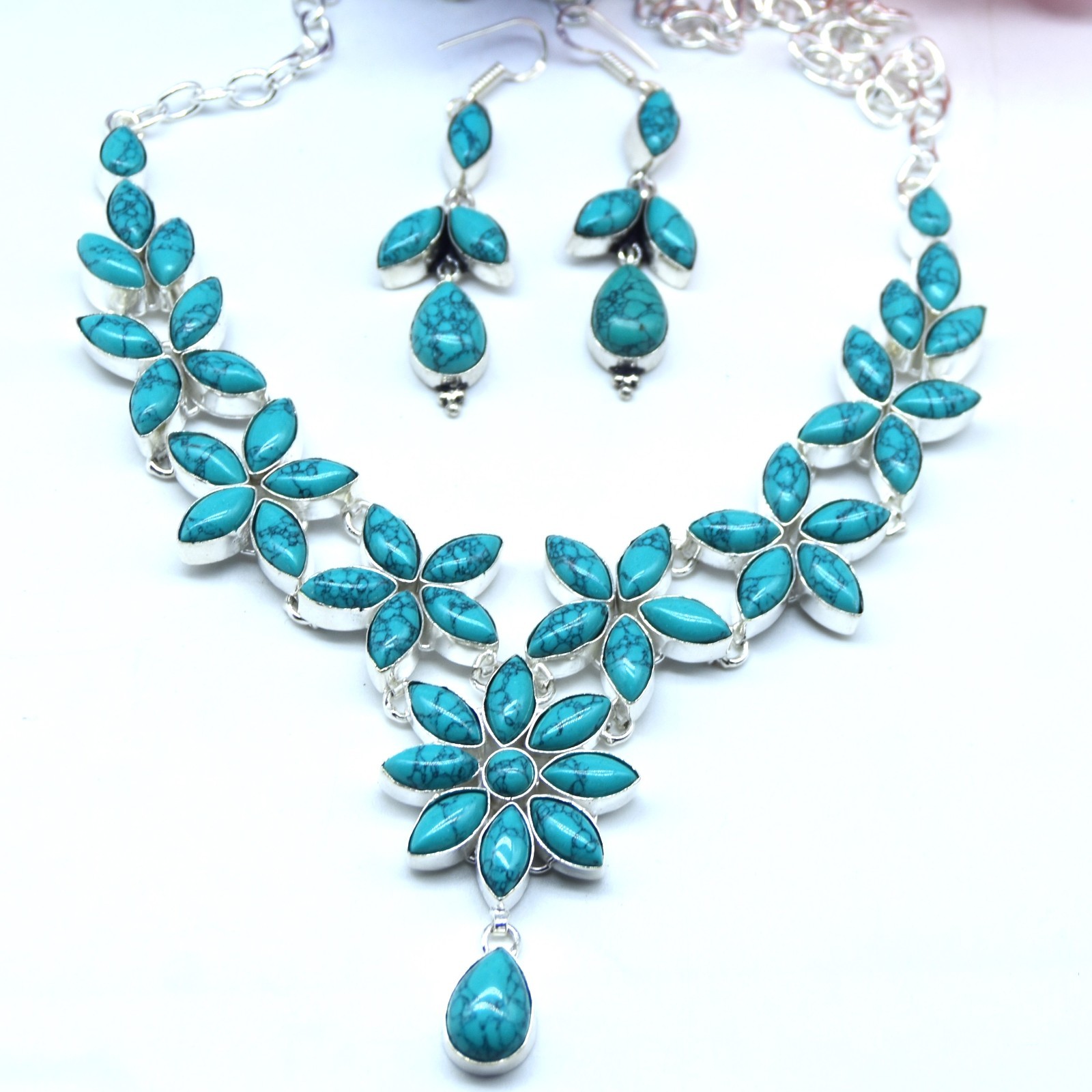 Turquoise Gemstone Handmade 925 Sterling Silver Necklace and Earring Set S-ADJ