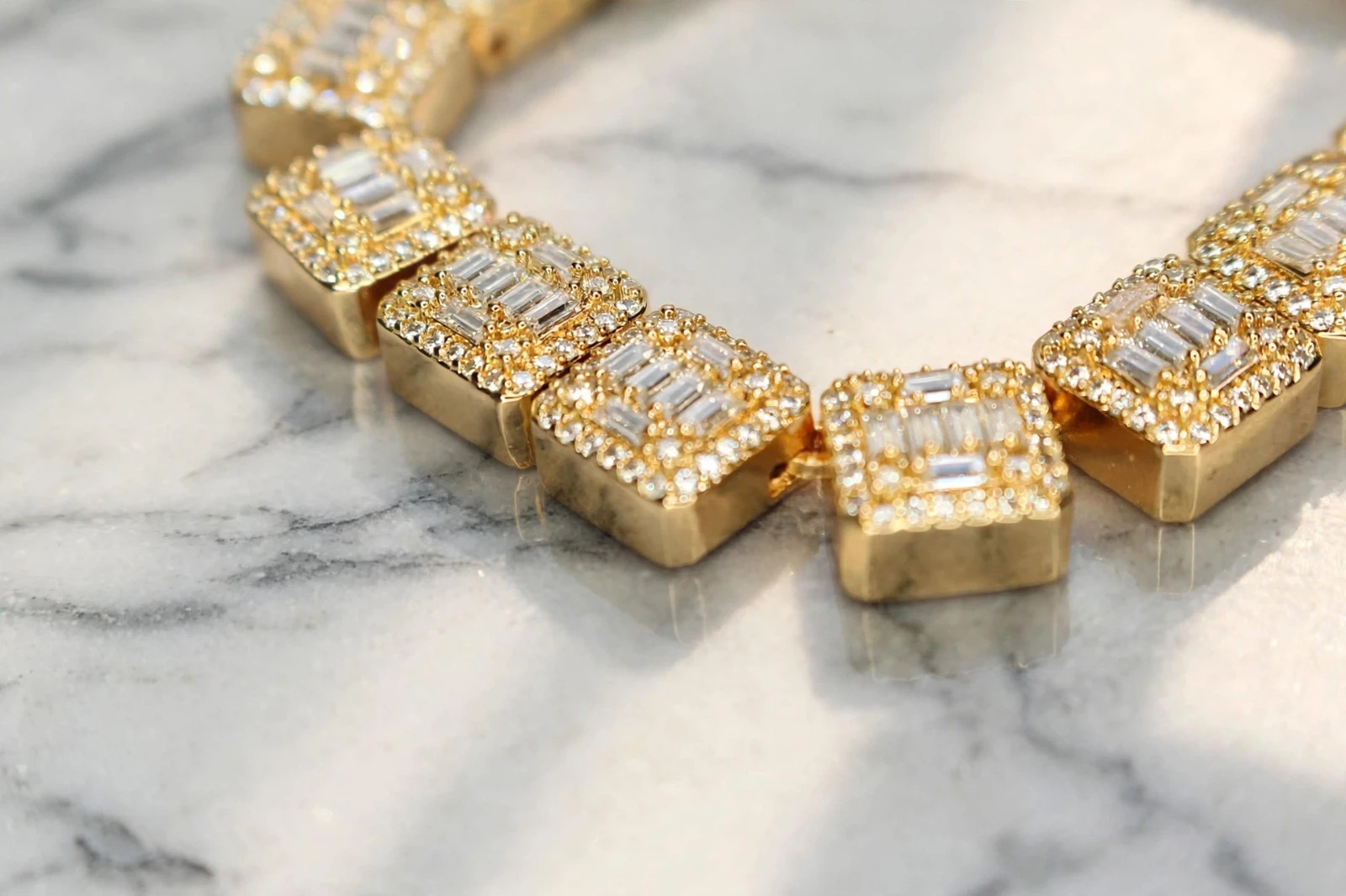 14k STAMPED Gold 10mm BAGUETTE Tennis 124ct Lab Sim Diamond Chain 143g Gold