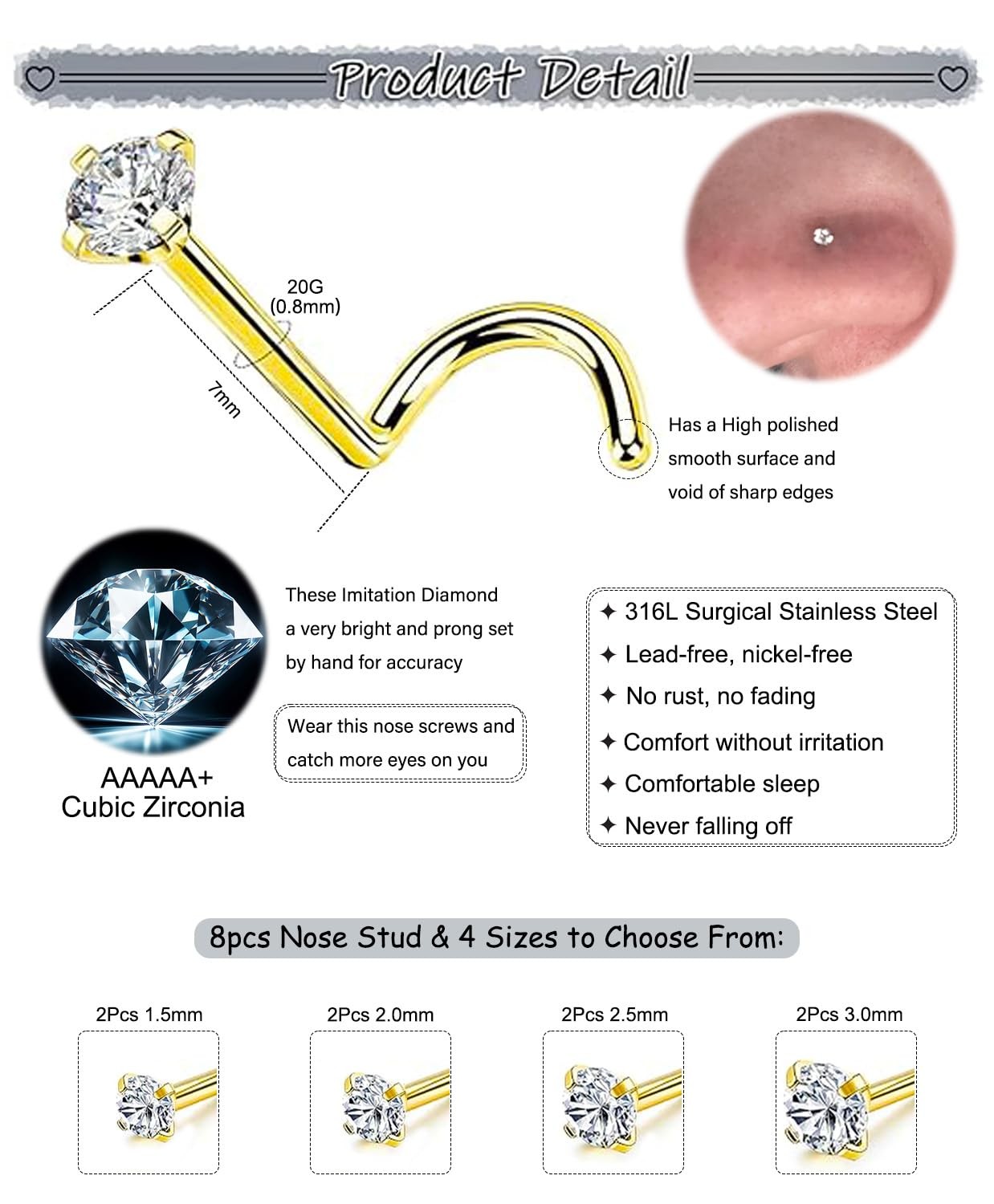 Gold Nose Rings Studs Set for Women Men 8Pcs 20G 316L Surgical Stainless Stee…