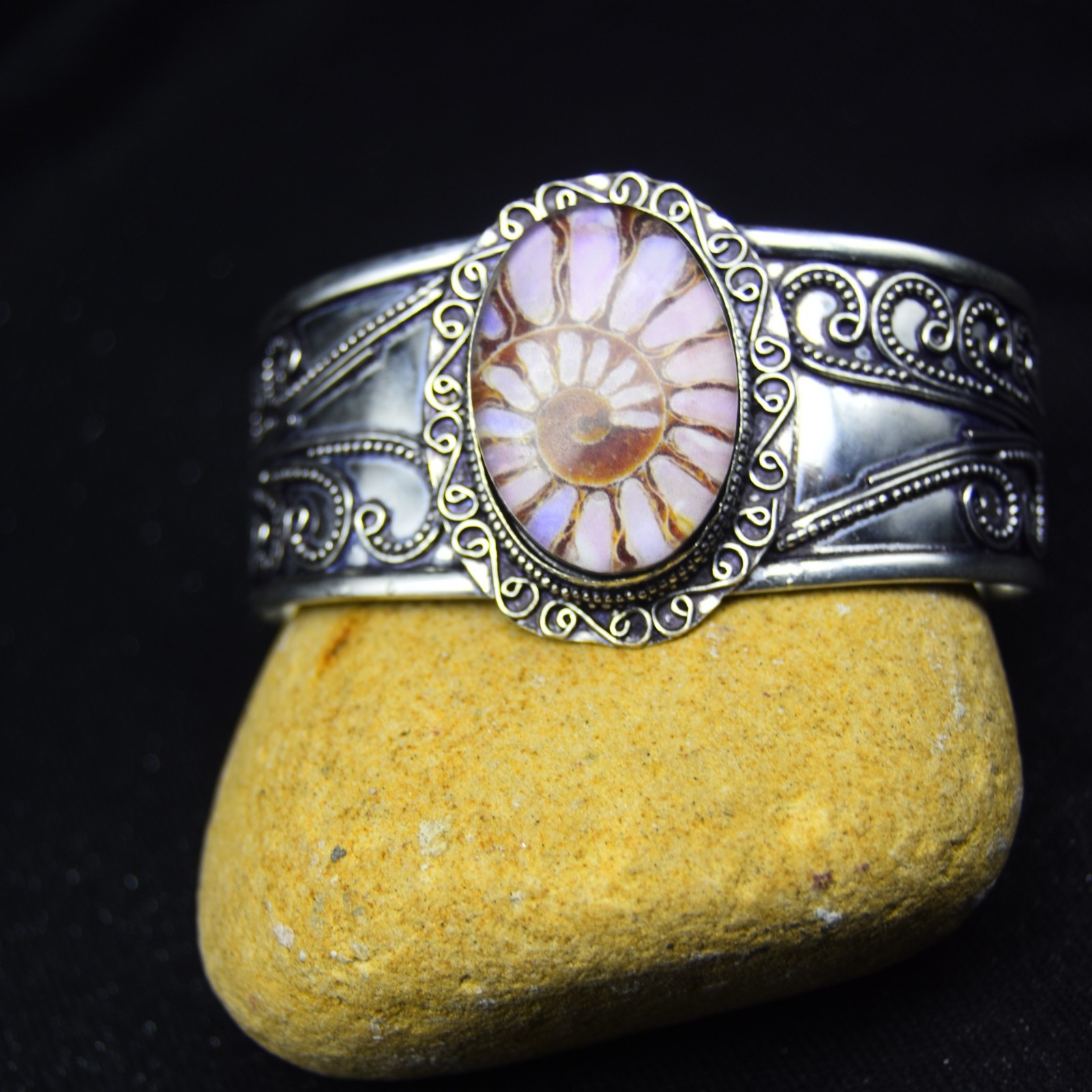 Ammonite Fossil Gemstone Cuff Bracelet 925 Sterling Silver Jewelry Size-ADJ