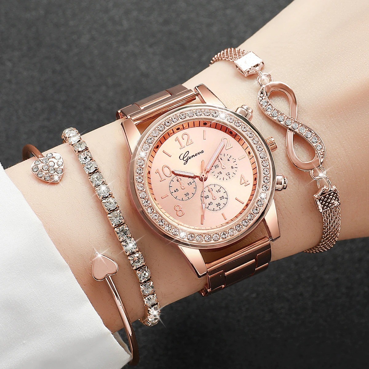 4PCS/Set Fashion Rhinestone Women Watches Luxury Steel Band Ladies Quartz Watch