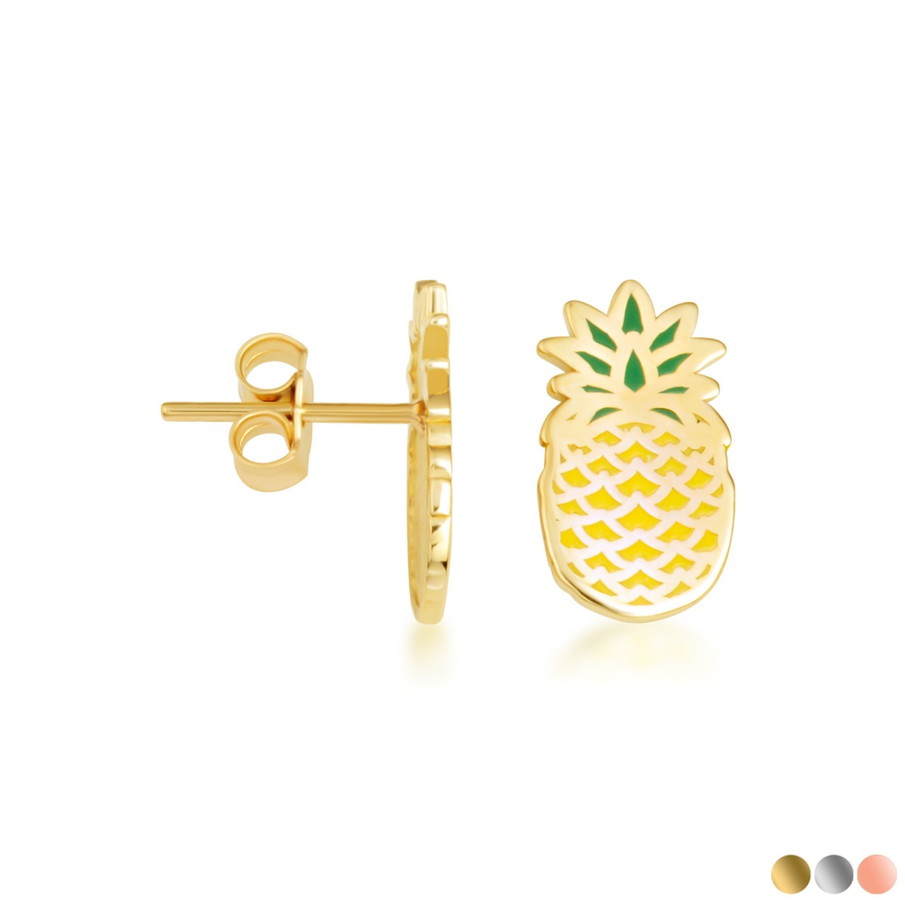 Gold Enamel Pineapple Fruit Stud Earrings (Available in Yellow/Rose/White Gold)