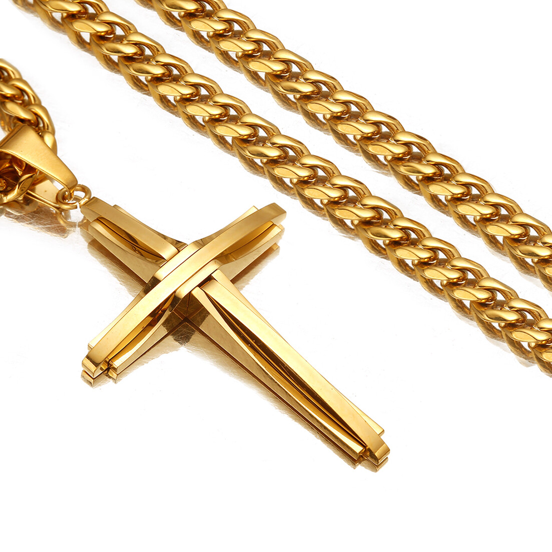 High Polished Stainless Steel Cross Pendant Necklace Cuban Link Chain 4Colors